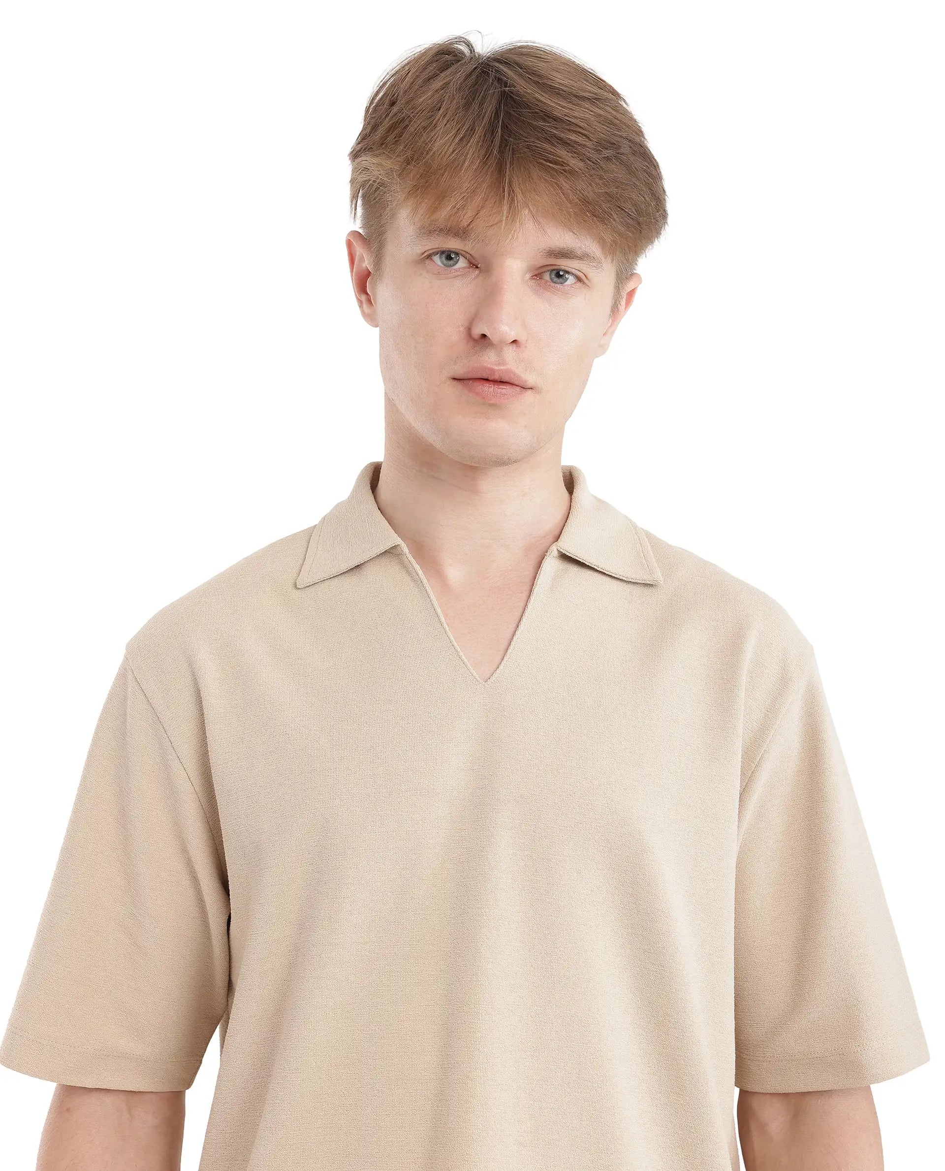 Rare Rabbit Men Jawal Beige Cotton Poly Fabric Short Sleeve Open Collar Oversized Fit Plain Polo