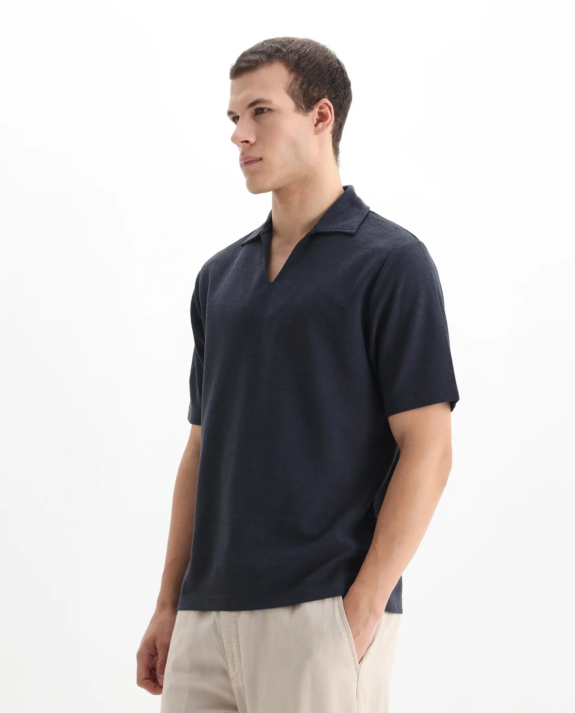 Rare Rabbit Men's Jawal Navy Cotton Blend Plain Oversized Fit Half Sleeve Polo