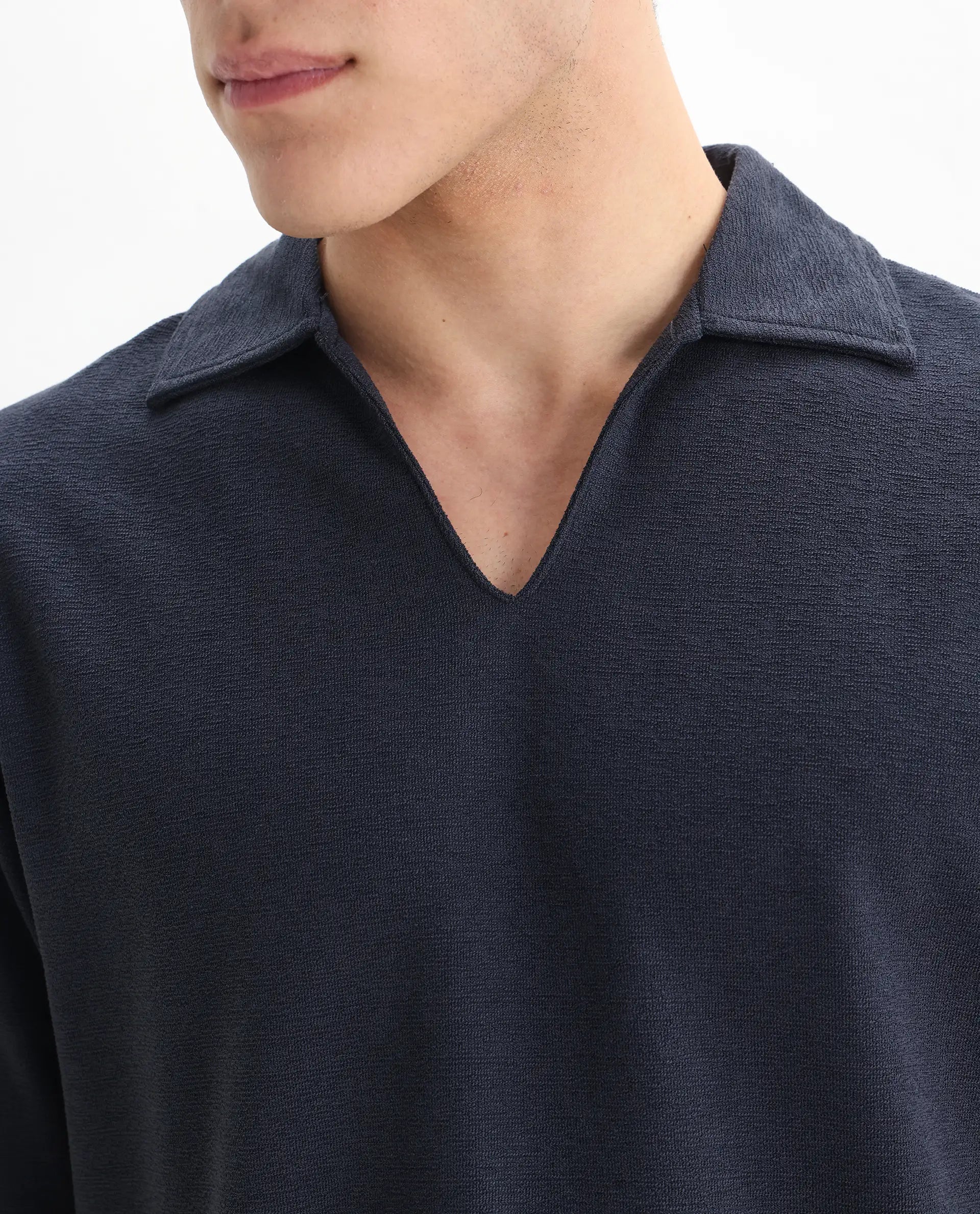 Rare Rabbit Men's Jawal Navy Cotton Blend Plain Oversized Fit Half Sleeve Polo
