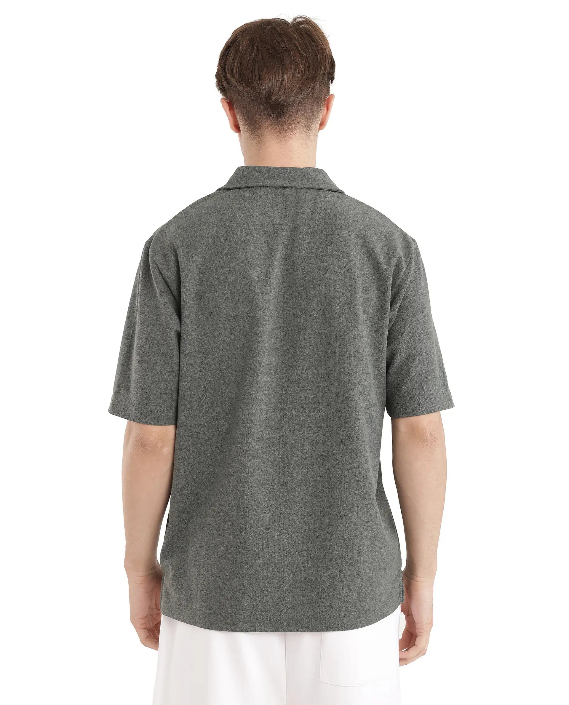 Rare Rabbit Men Jawal Olive Cotton Poly Fabric Short Sleeve Open Collar Oversized Fit Plain Polo