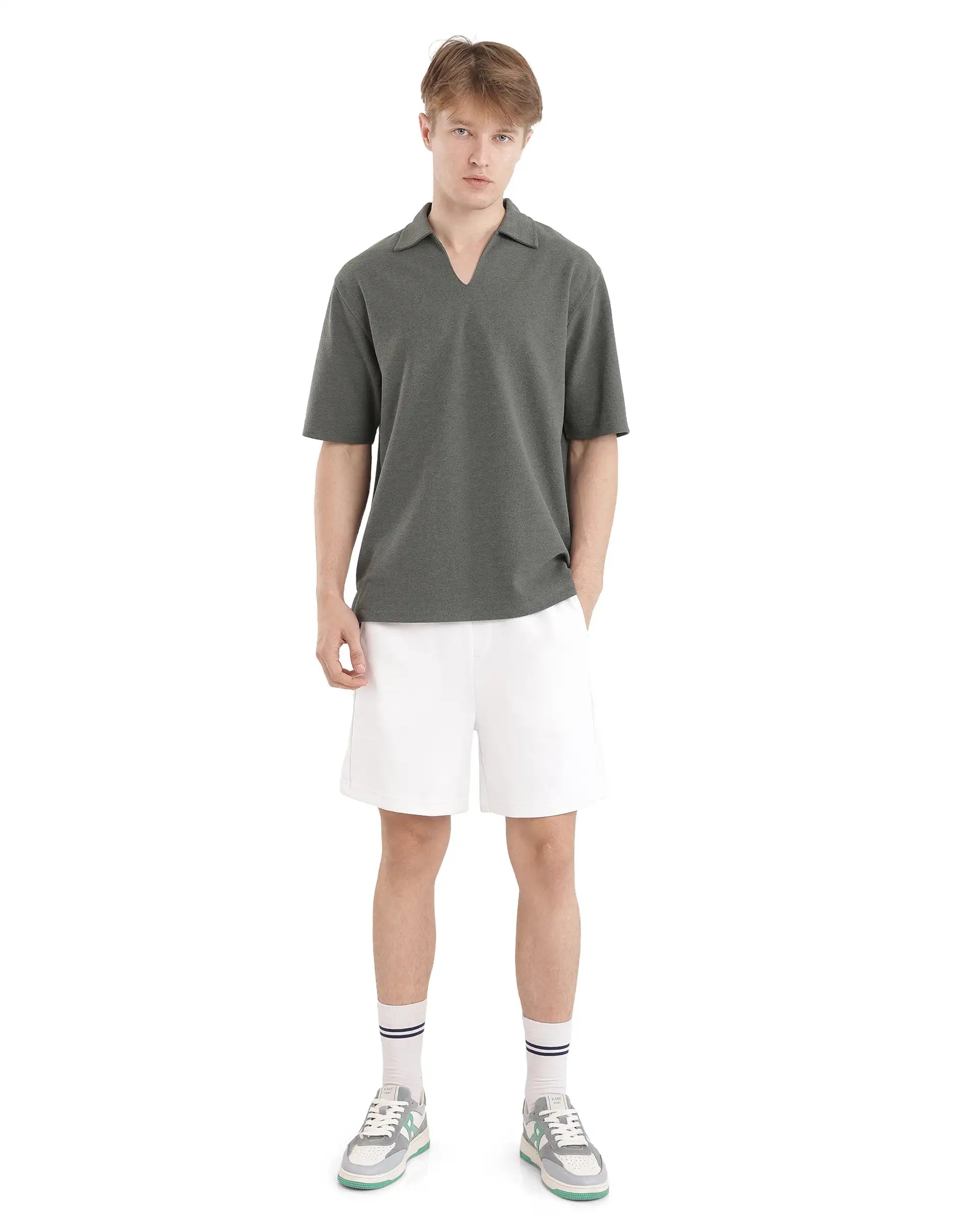 Rare Rabbit Men Jawal Olive Cotton Poly Fabric Short Sleeve Open Collar Oversized Fit Plain Polo