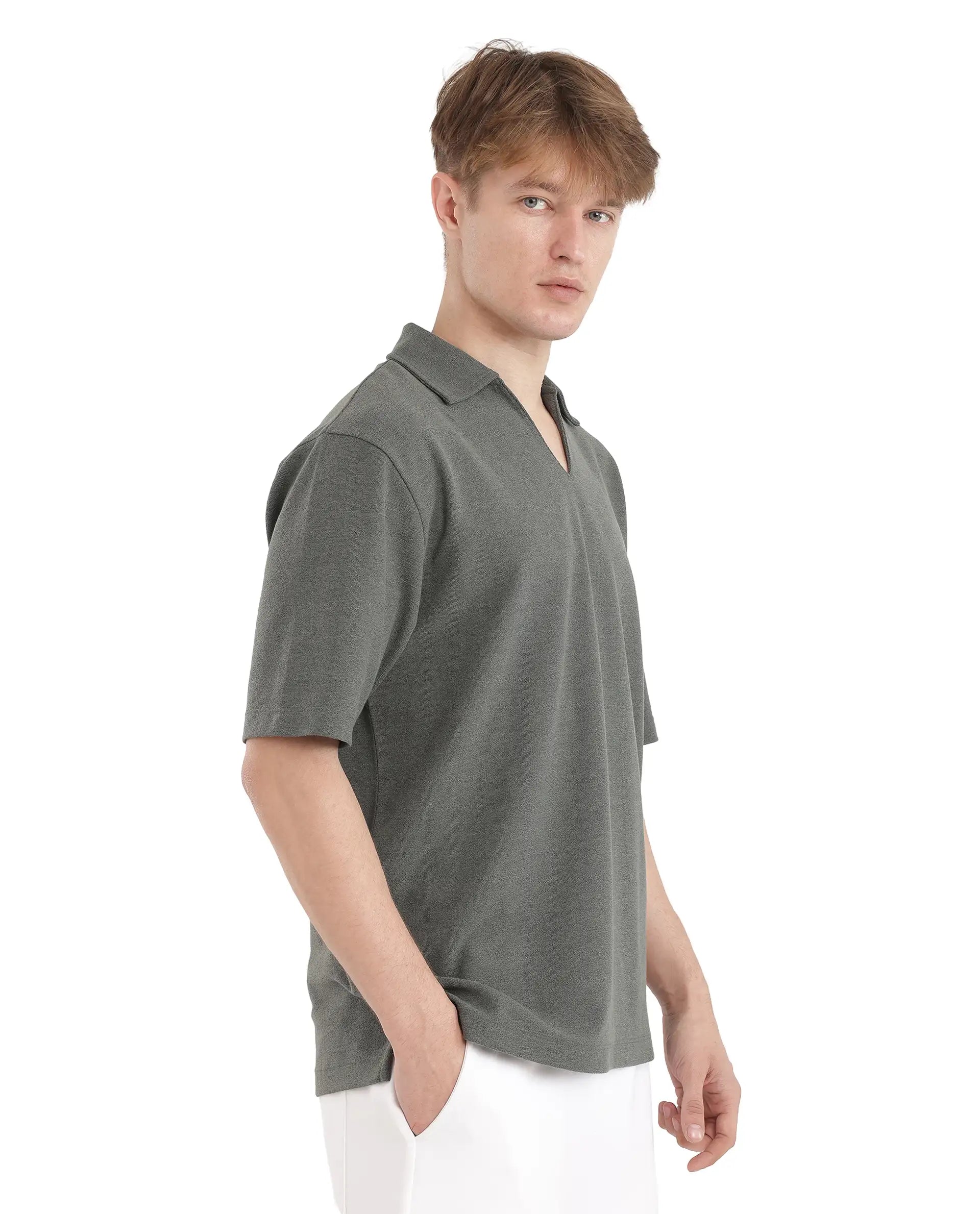 Rare Rabbit Men Jawal Olive Cotton Poly Fabric Short Sleeve Open Collar Oversized Fit Plain Polo