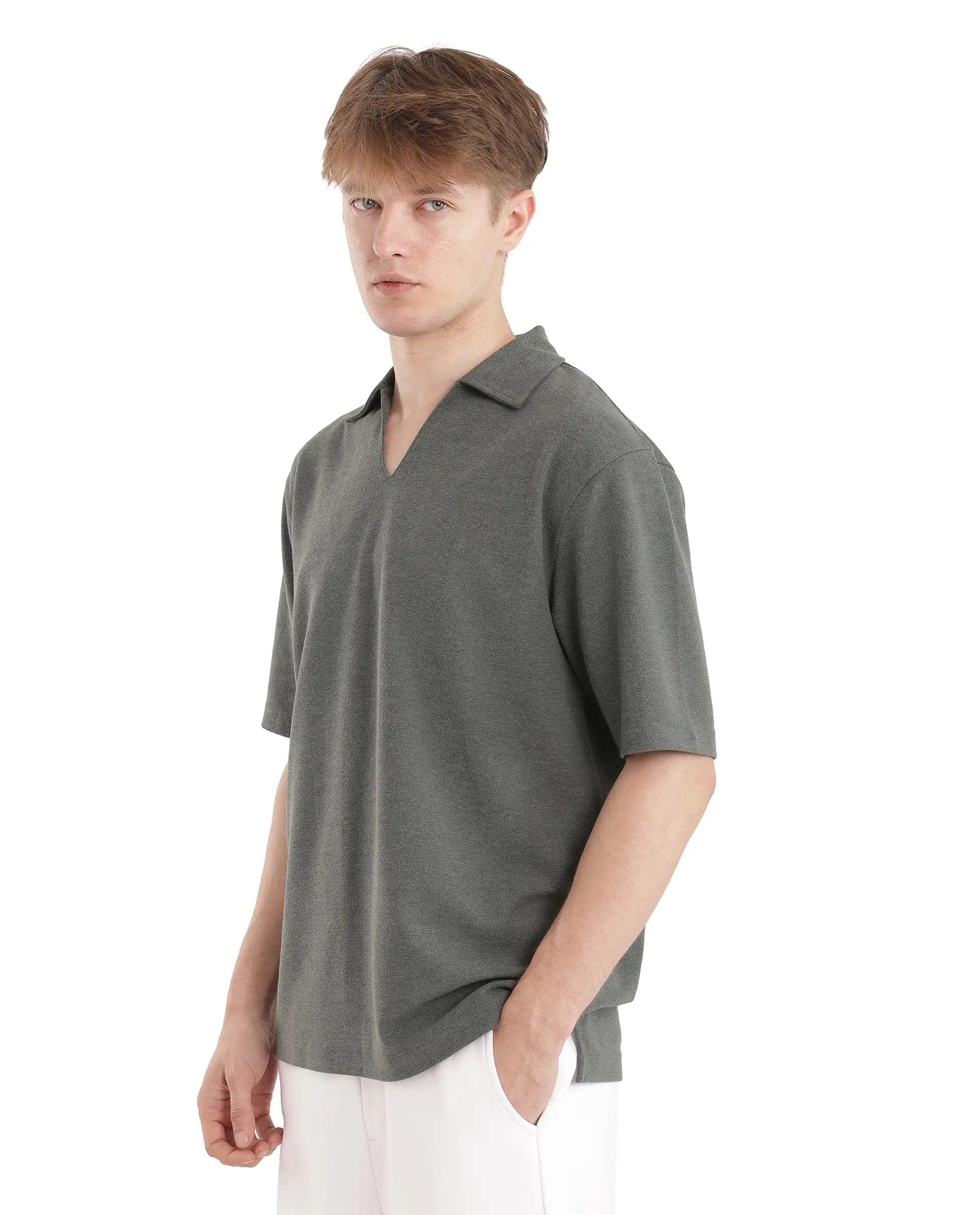 Rare Rabbit Men Jawal Olive Cotton Poly Fabric Short Sleeve Open Collar Oversized Fit Plain Polo