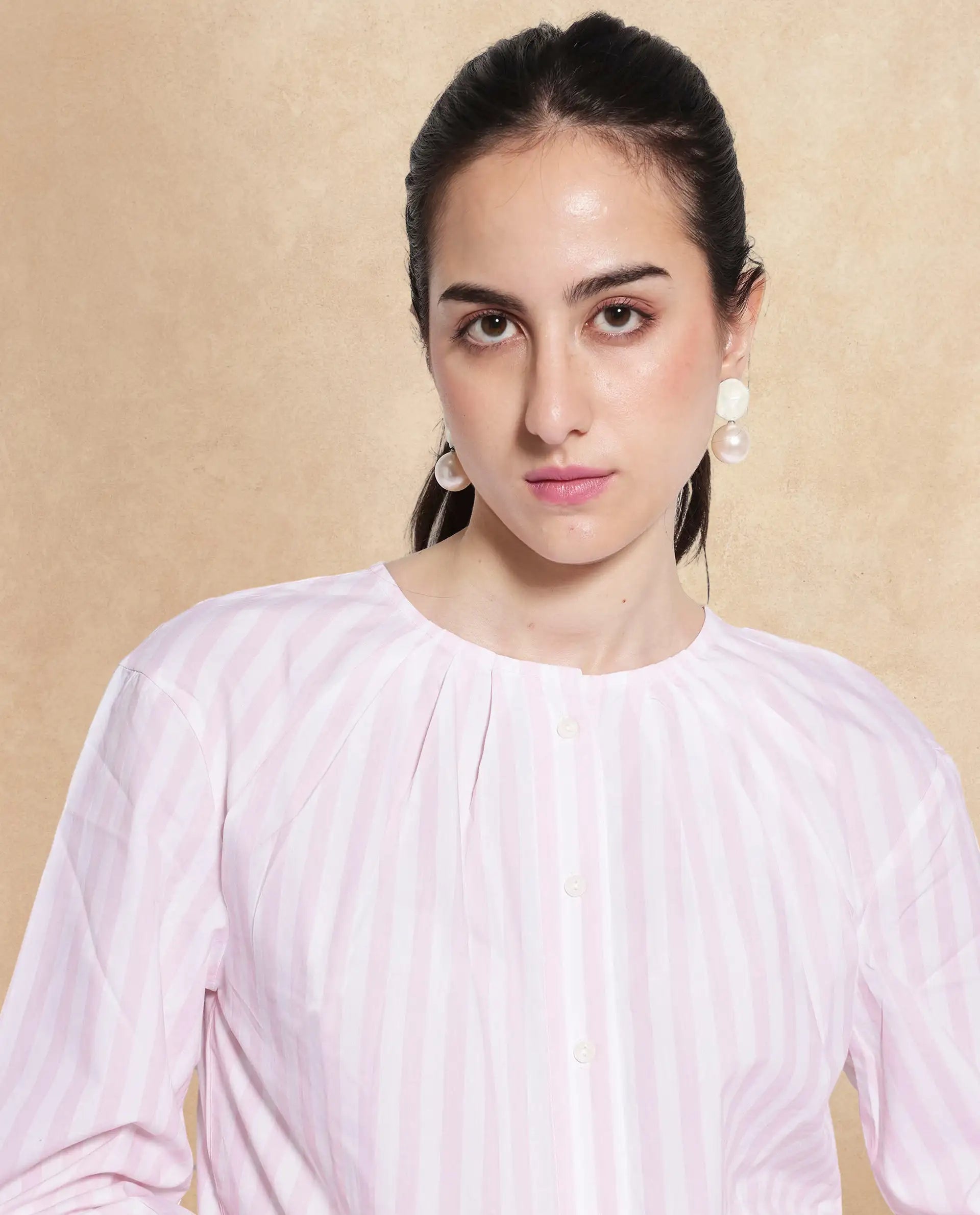 Rareism Women Jayleon Pink Cuffed Sleeve Round Neck Button Narrow Stripes Top