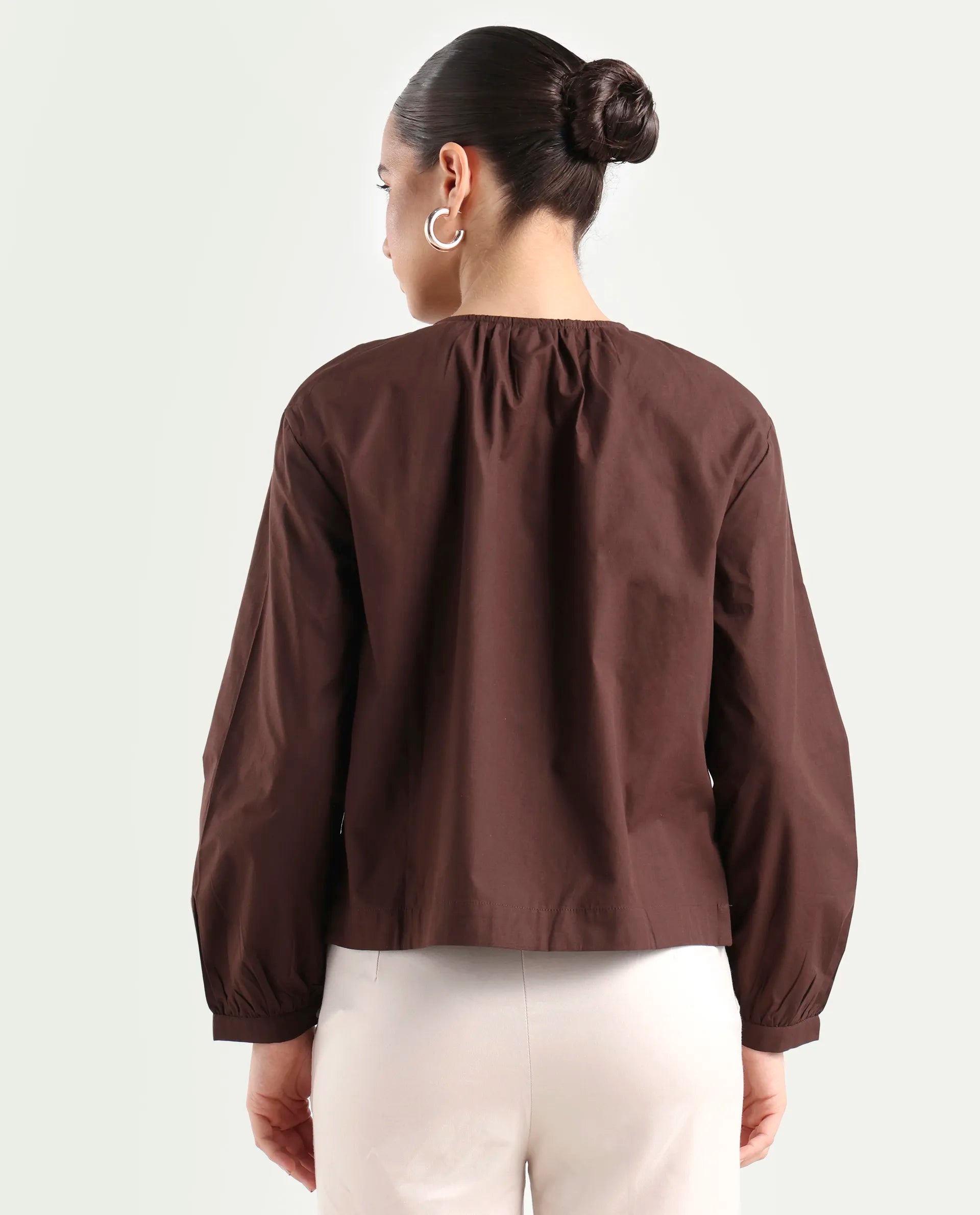 Rareism Women's Jaylo Brown Cotton Crew Neck Plain Cuffed Sleeve Regular Fit Top