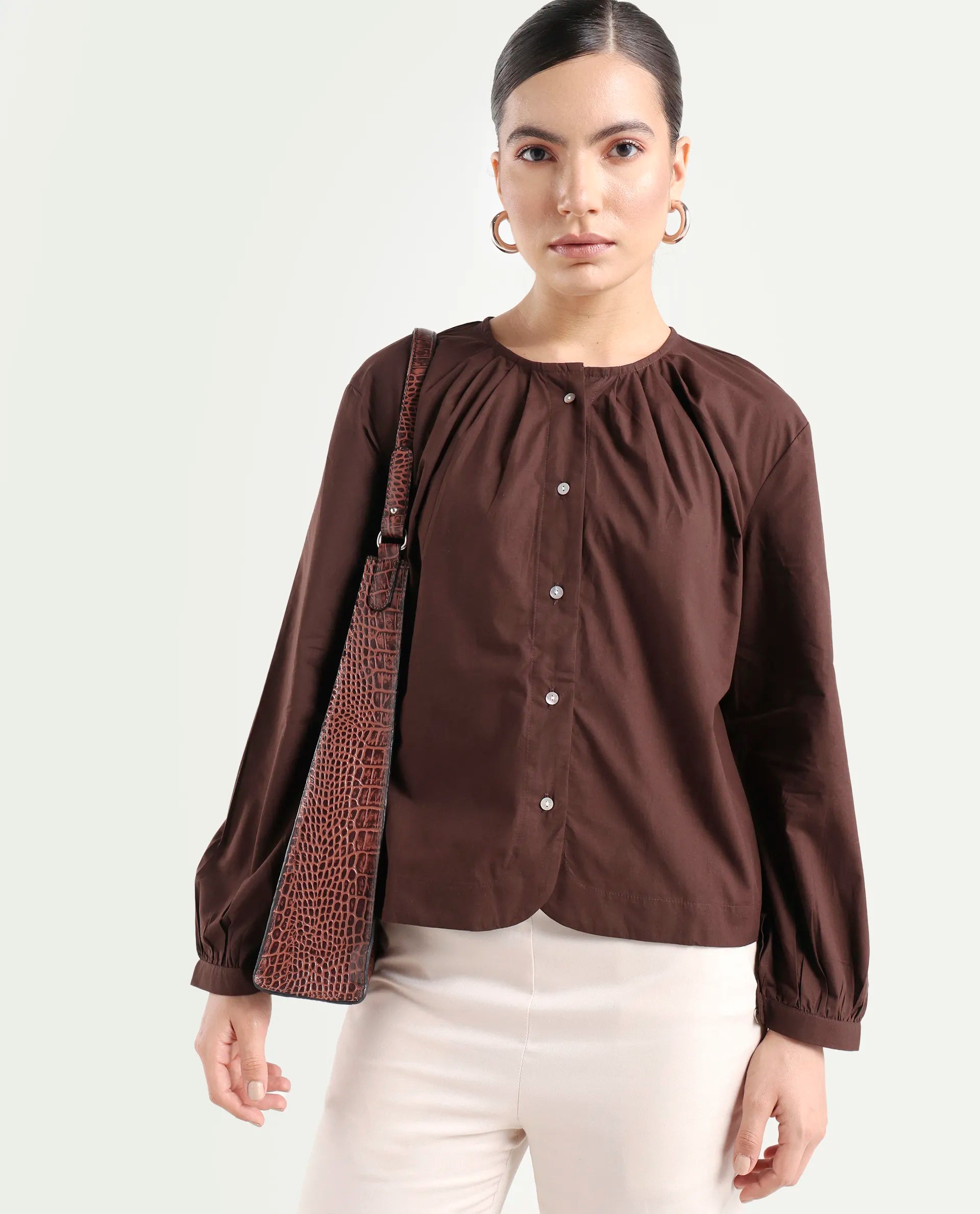 Rareism Women's Jaylo Brown Cotton Crew Neck Plain Cuffed Sleeve Regular Fit Top