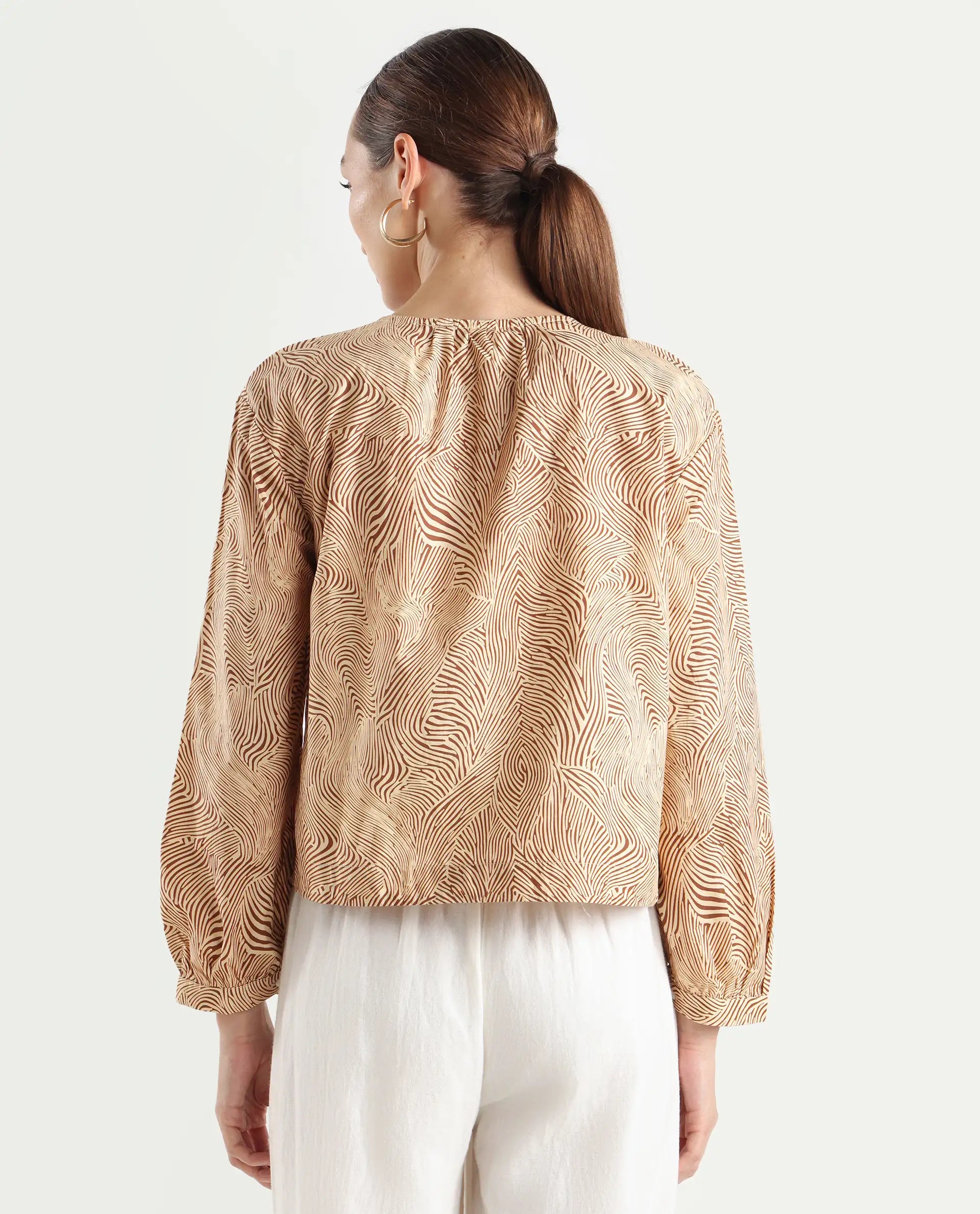 Rareism Women's Jaylone Beige Cotton Crew Neck Geometric Print Cuffed Sleeve Regular Fit Top