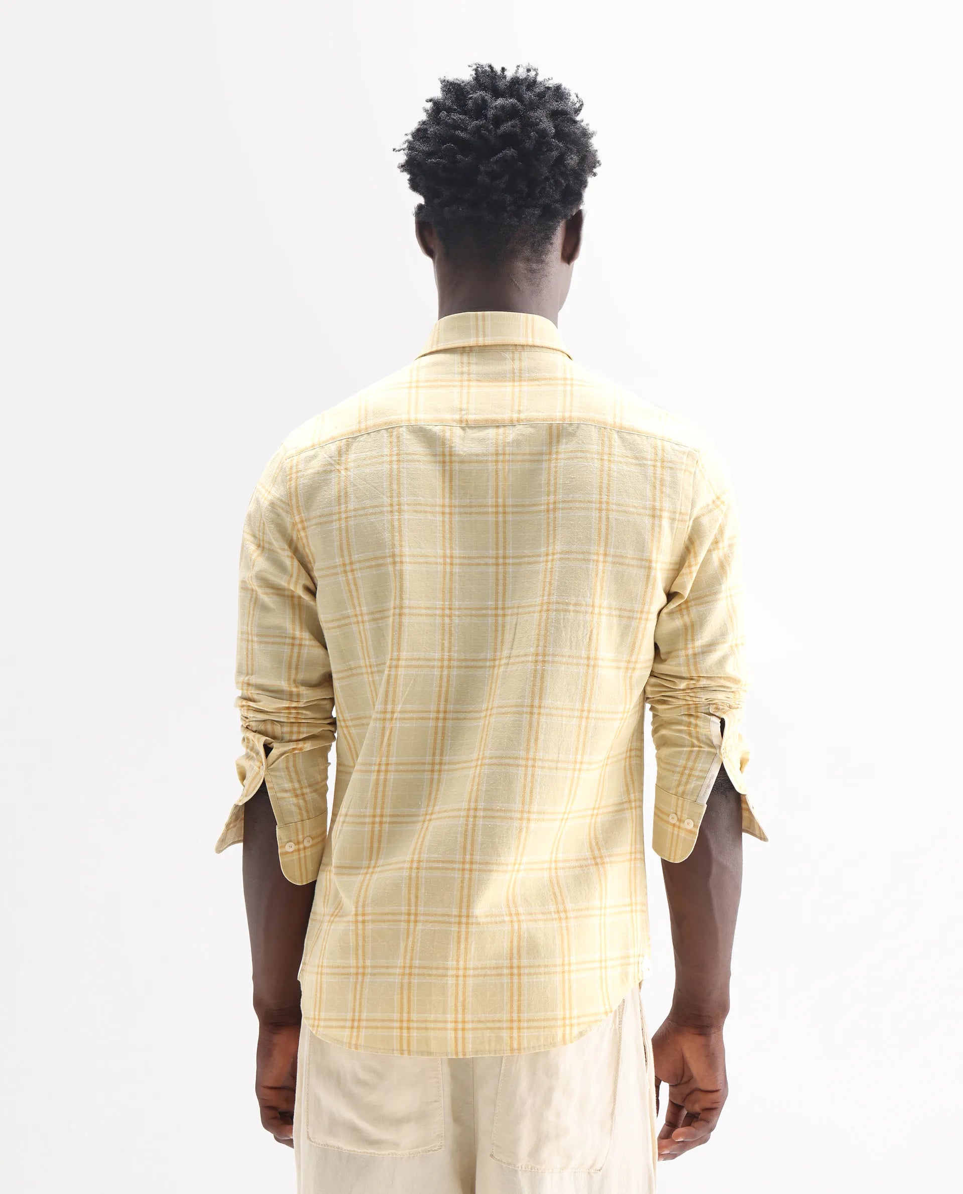Rare Rabbit Men's Jaze Yellow 100% Linen Checked Print Regular Fit Full Sleeve Collared Shirt