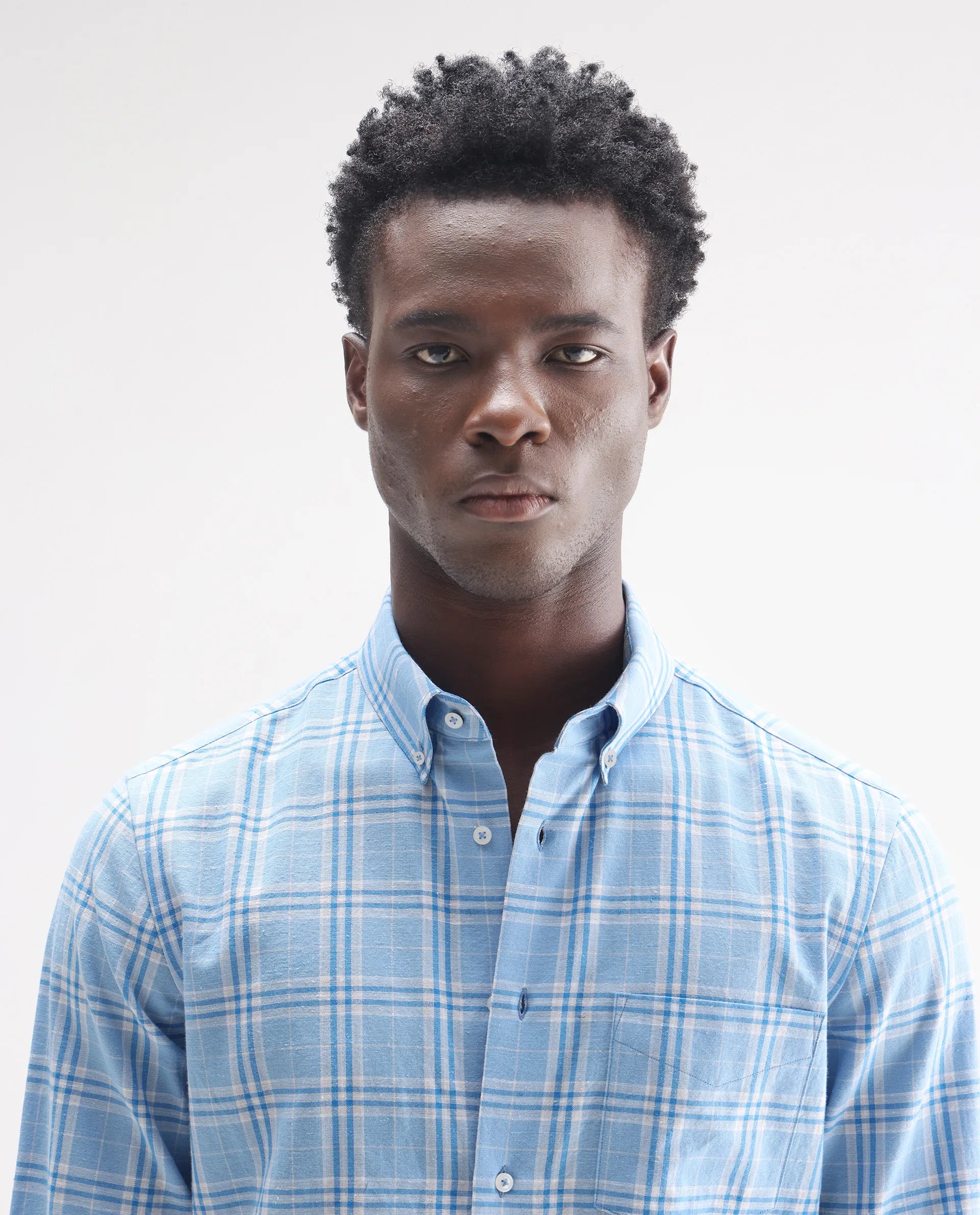 Rare Rabbit Men's Jaze Blue 100% Linen Checked Print Regular Fit Full Sleeve Collared Shirt