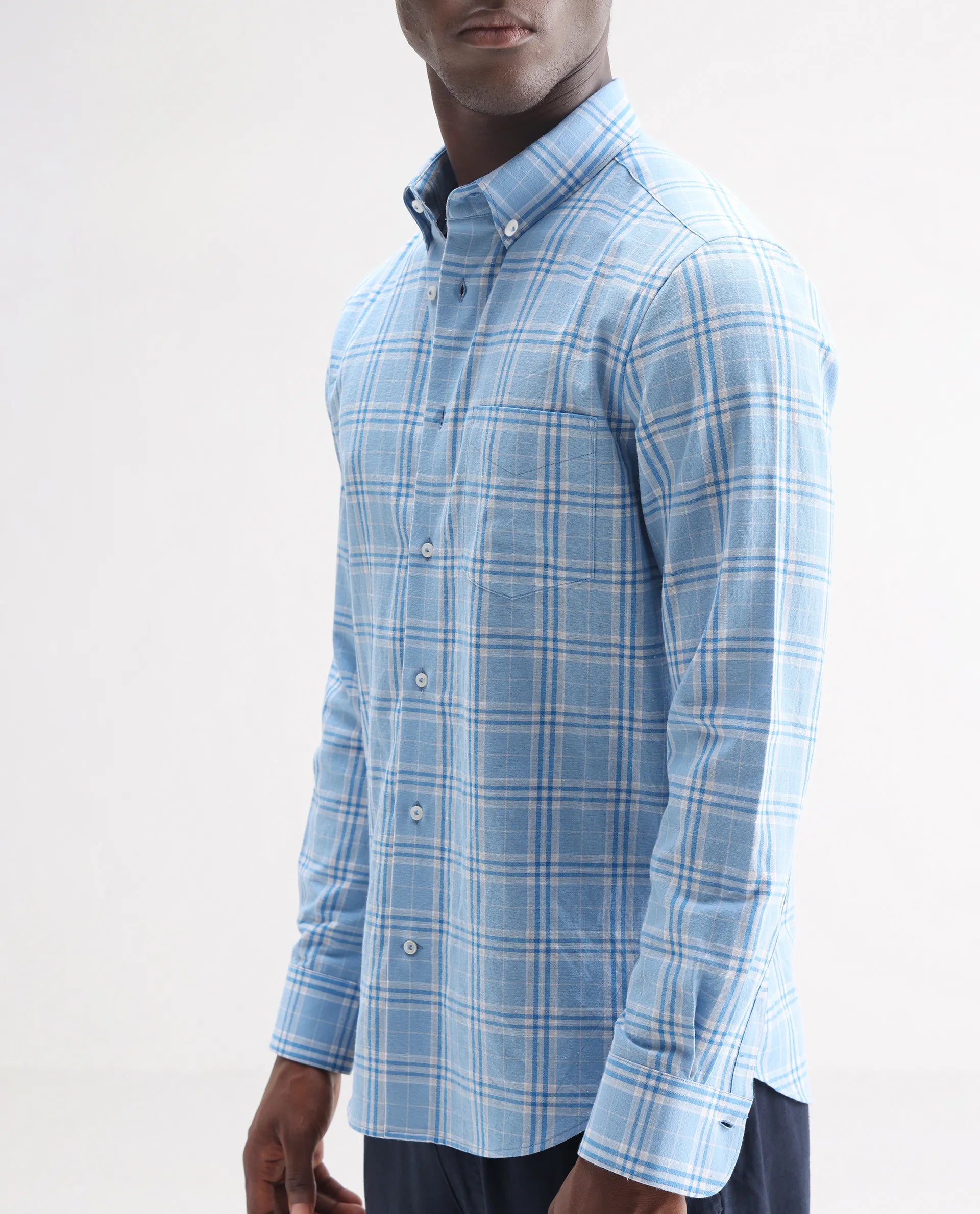 Rare Rabbit Men's Jaze Blue 100% Linen Checked Print Regular Fit Full Sleeve Collared Shirt