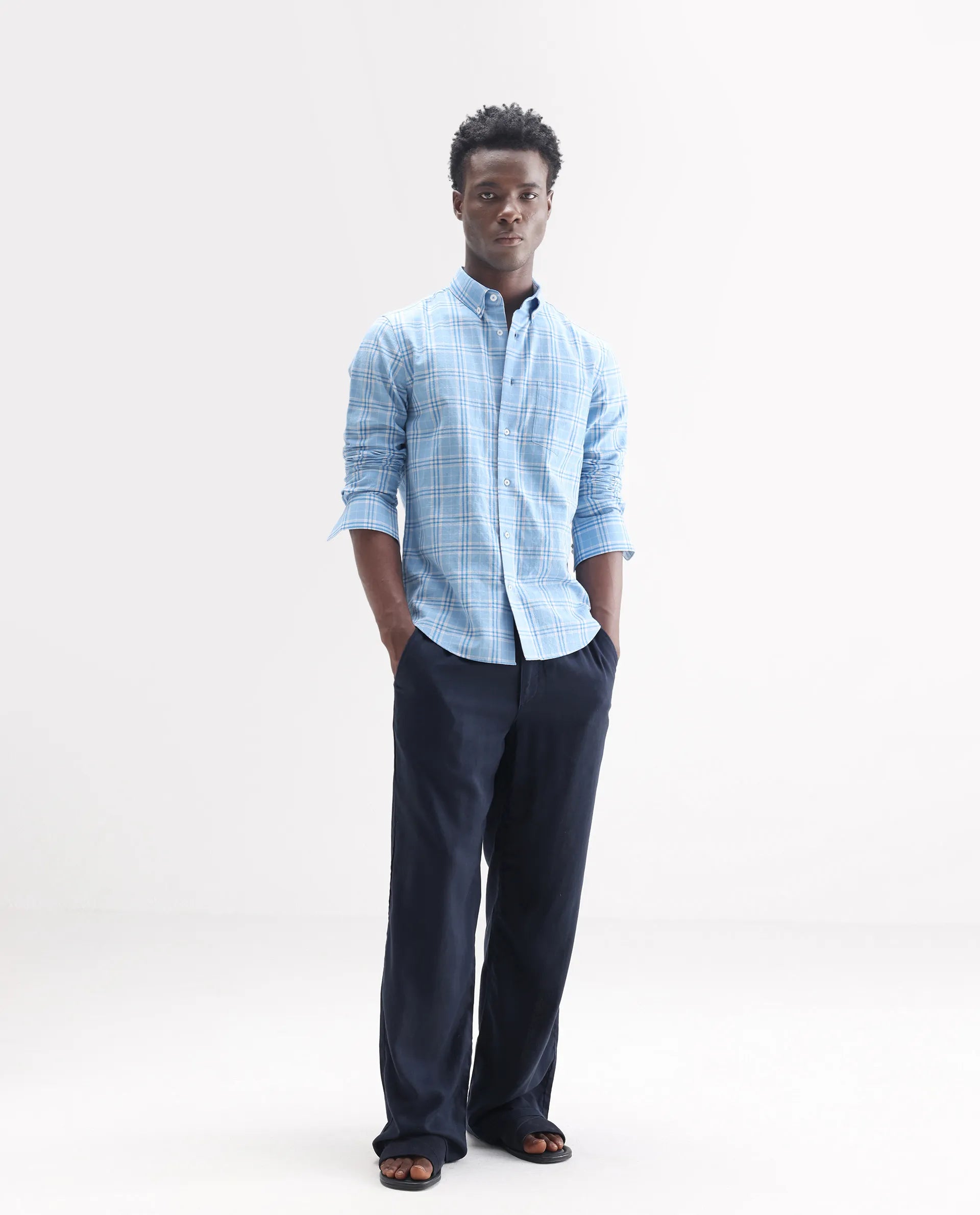 Rare Rabbit Men's Jaze Blue 100% Linen Checked Print Regular Fit Full Sleeve Collared Shirt