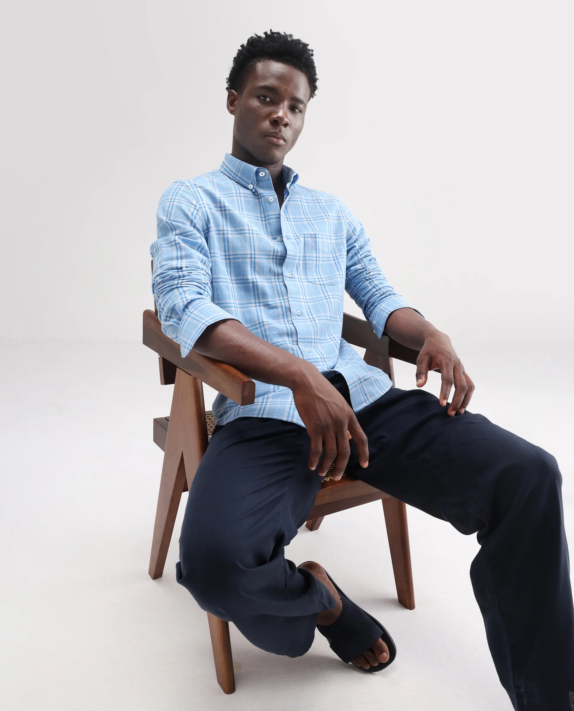 Rare Rabbit Men's Jaze Blue 100% Linen Checked Print Regular Fit Full Sleeve Collared Shirt