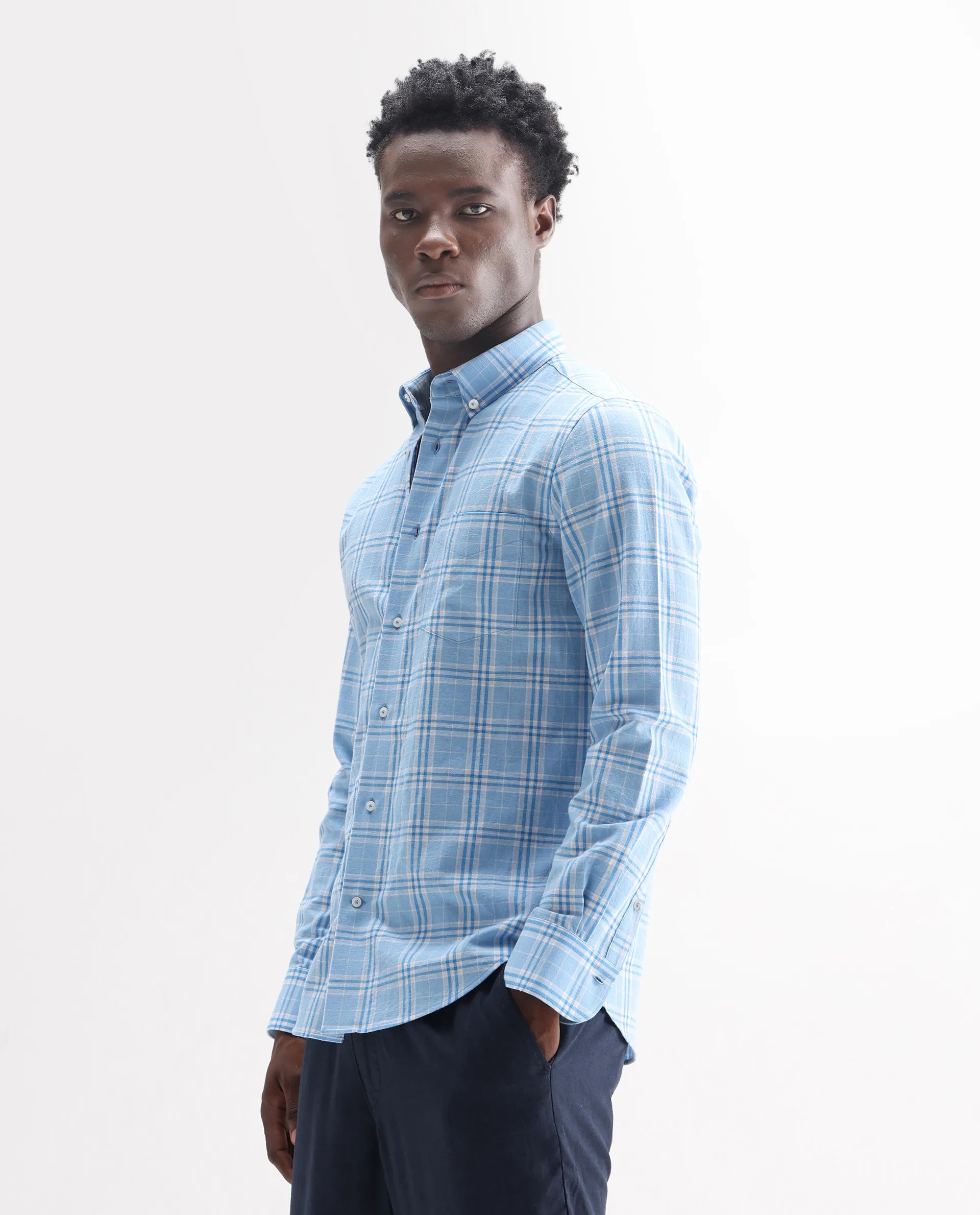 Rare Rabbit Men's Jaze Blue 100% Linen Checked Print Regular Fit Full Sleeve Collared Shirt