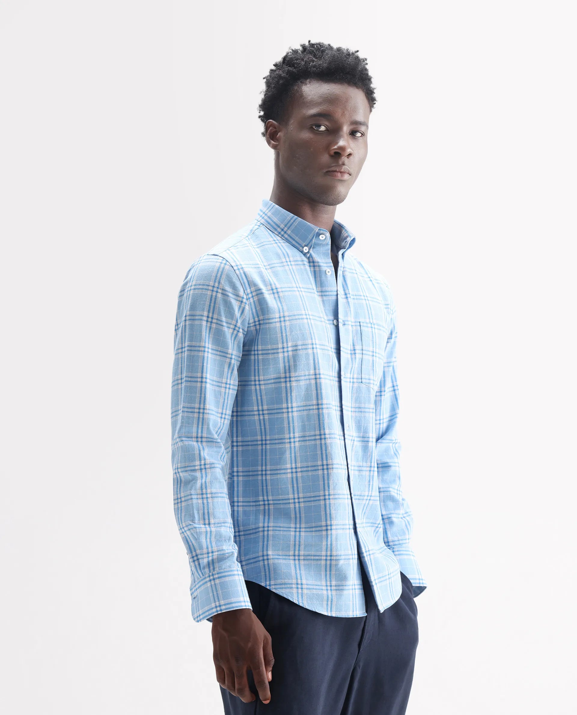 Rare Rabbit Men's Jaze Blue 100% Linen Checked Print Regular Fit Full Sleeve Collared Shirt