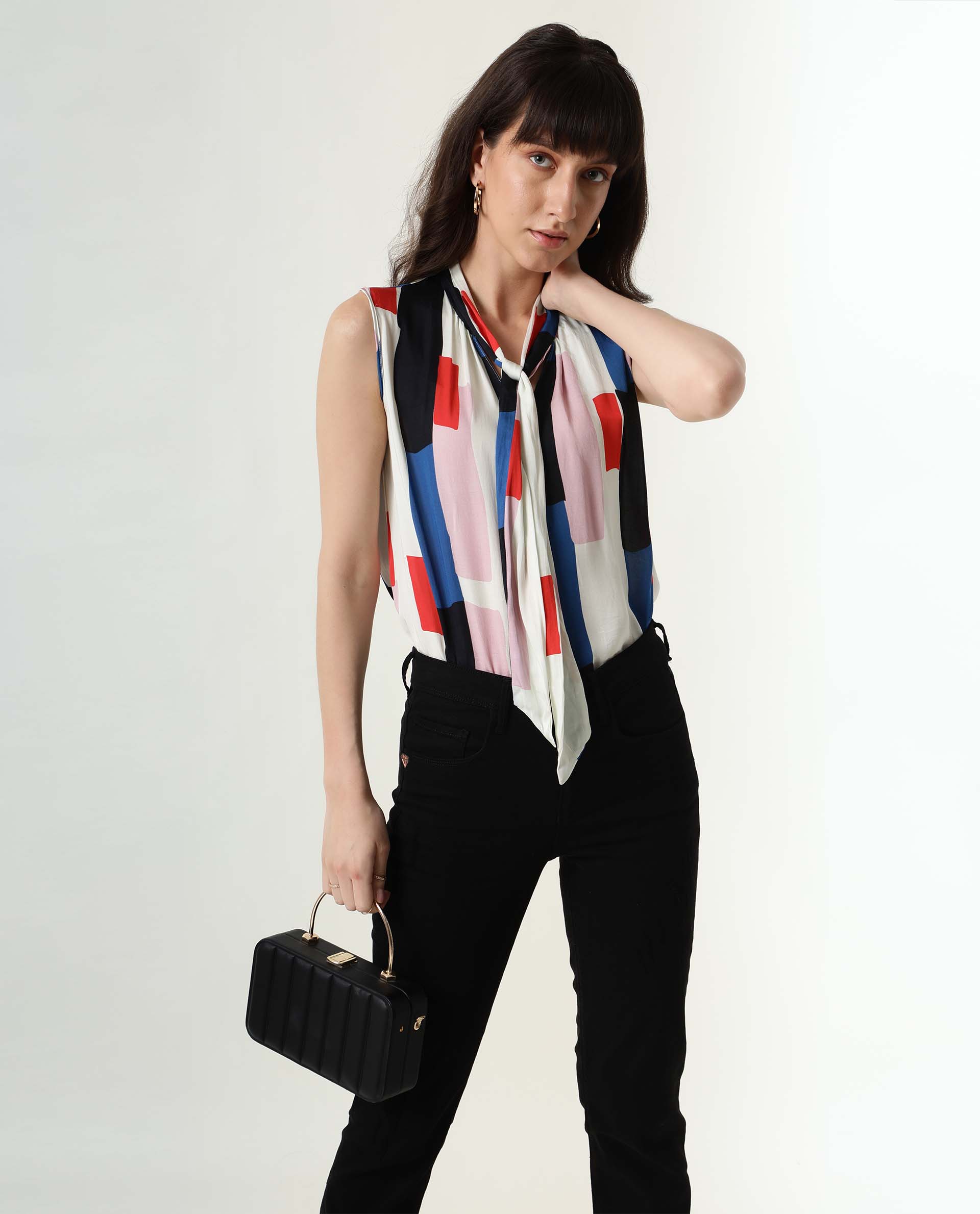 Rareism Womens Jazzes White Top Modal Satin Fabric Regular Fit Sleeveless Tie Up Neck