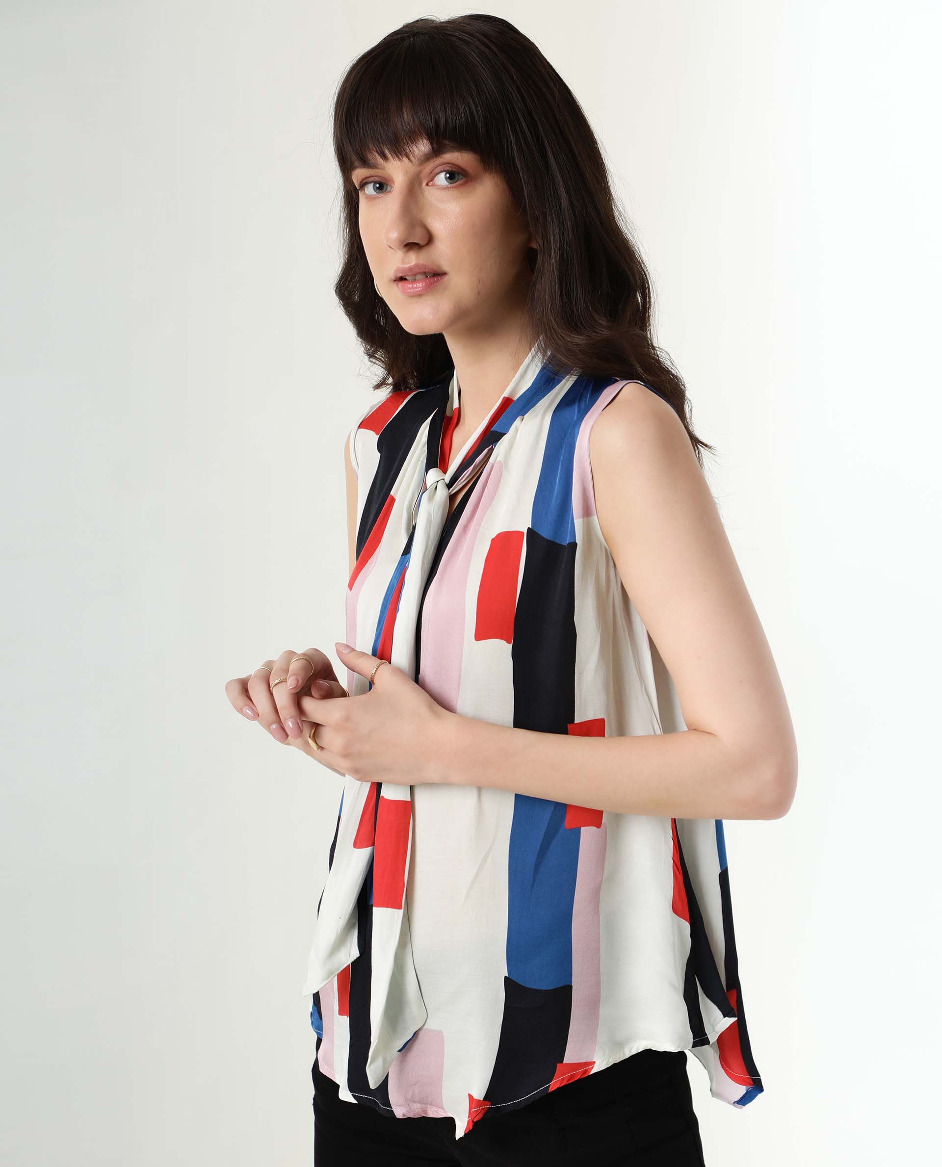 Rareism Womens Jazzes White Top Modal Satin Fabric Regular Fit Sleeveless Tie Up Neck