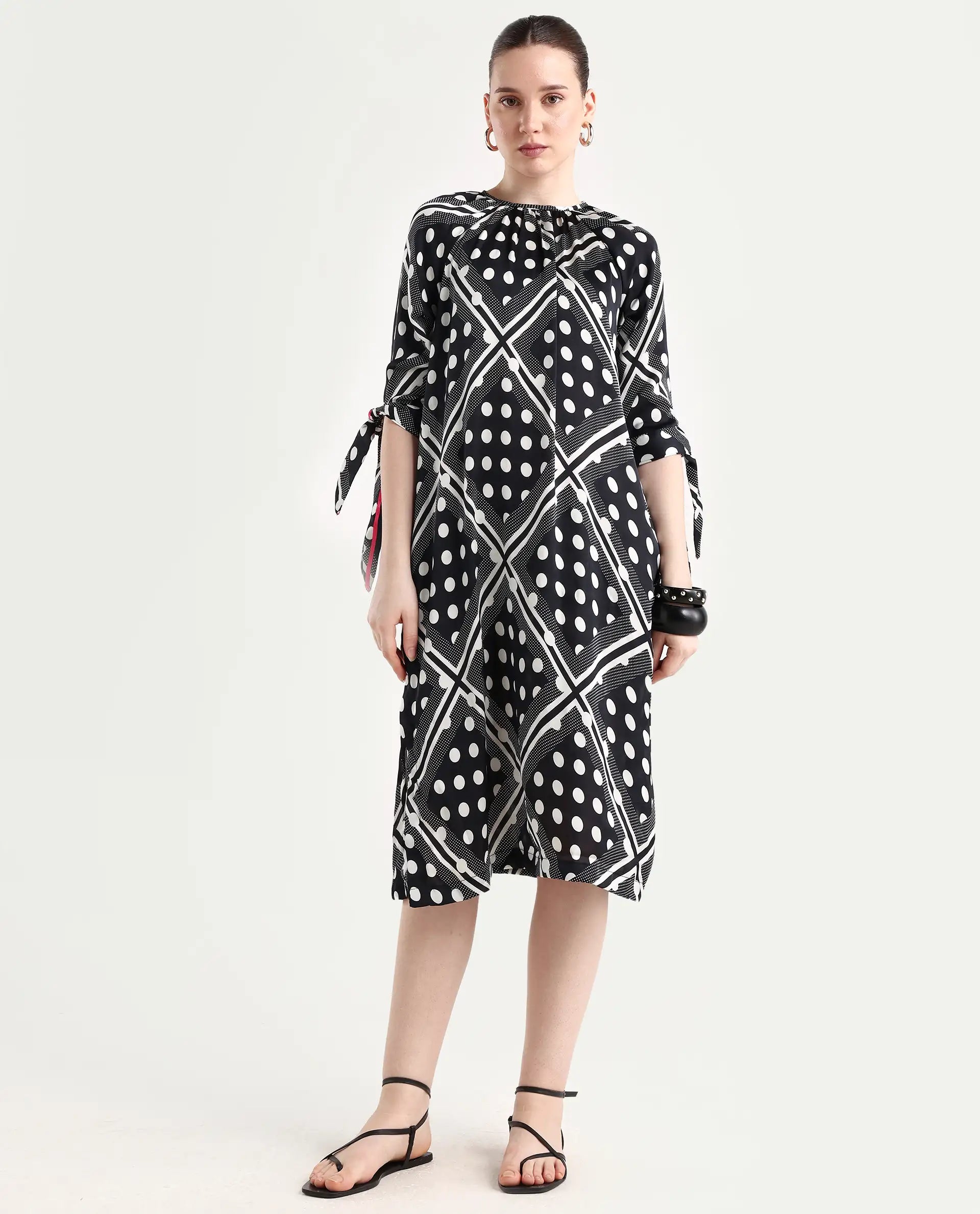 Rareism Women's Jeannie Black Polyester Boat Neck Polka Print Knee Length Regular Fit Dress