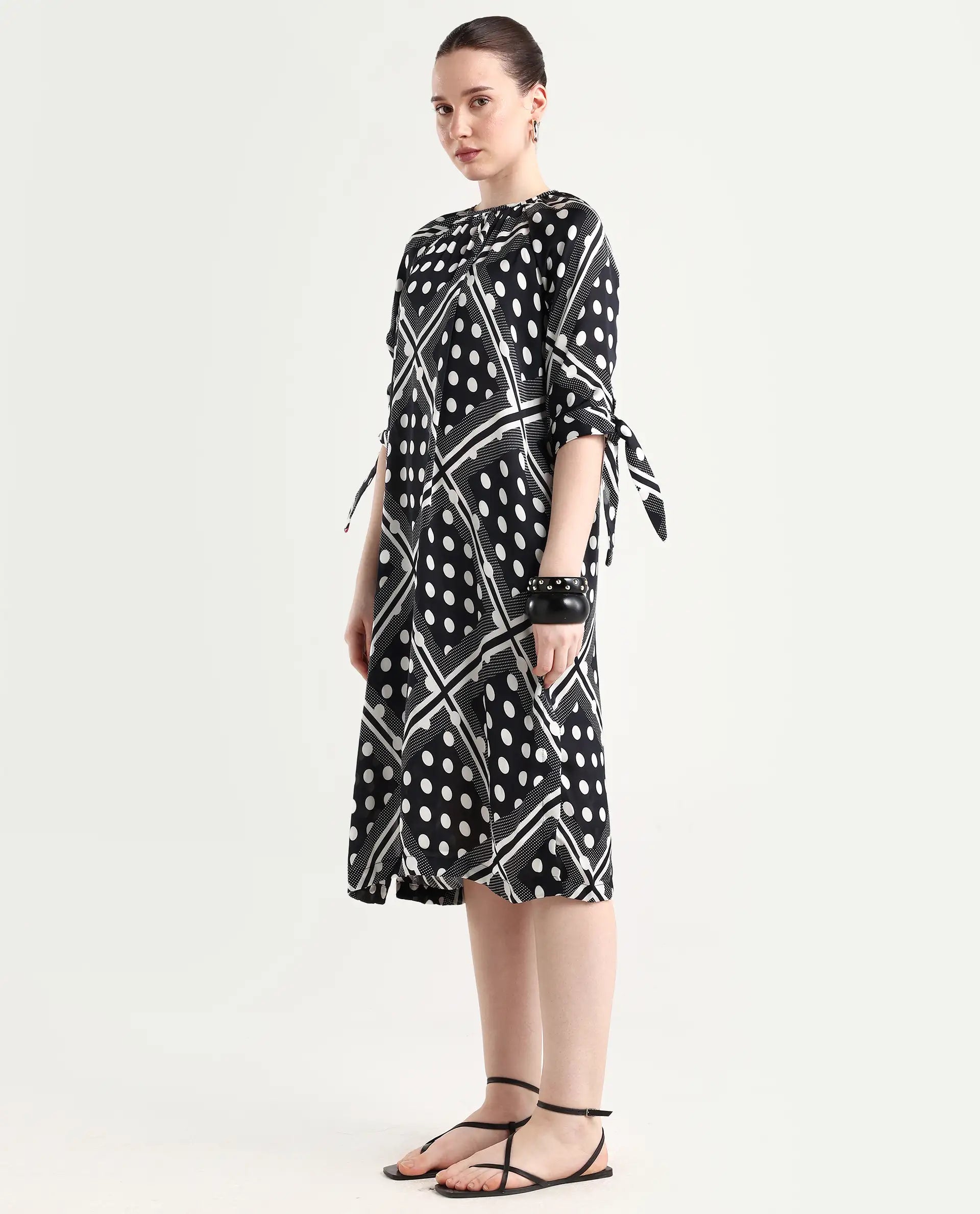 Rareism Women's Jeannie Black Polyester Boat Neck Polka Print Knee Length Regular Fit Dress