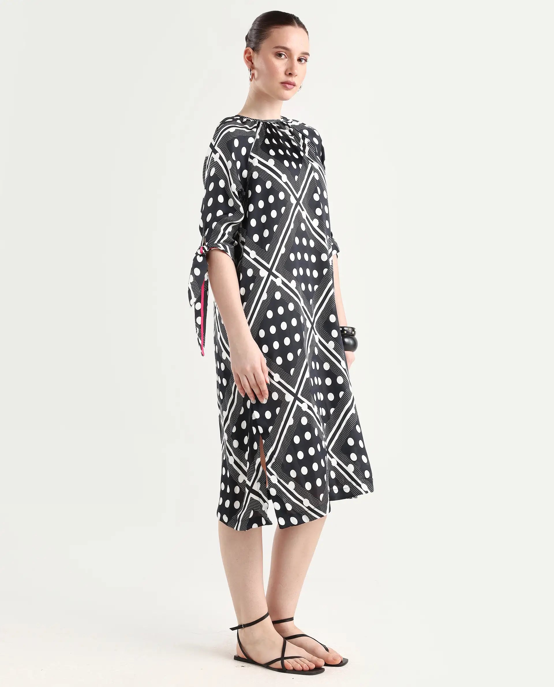 Rareism Women's Jeannie Black Polyester Boat Neck Polka Print Knee Length Regular Fit Dress