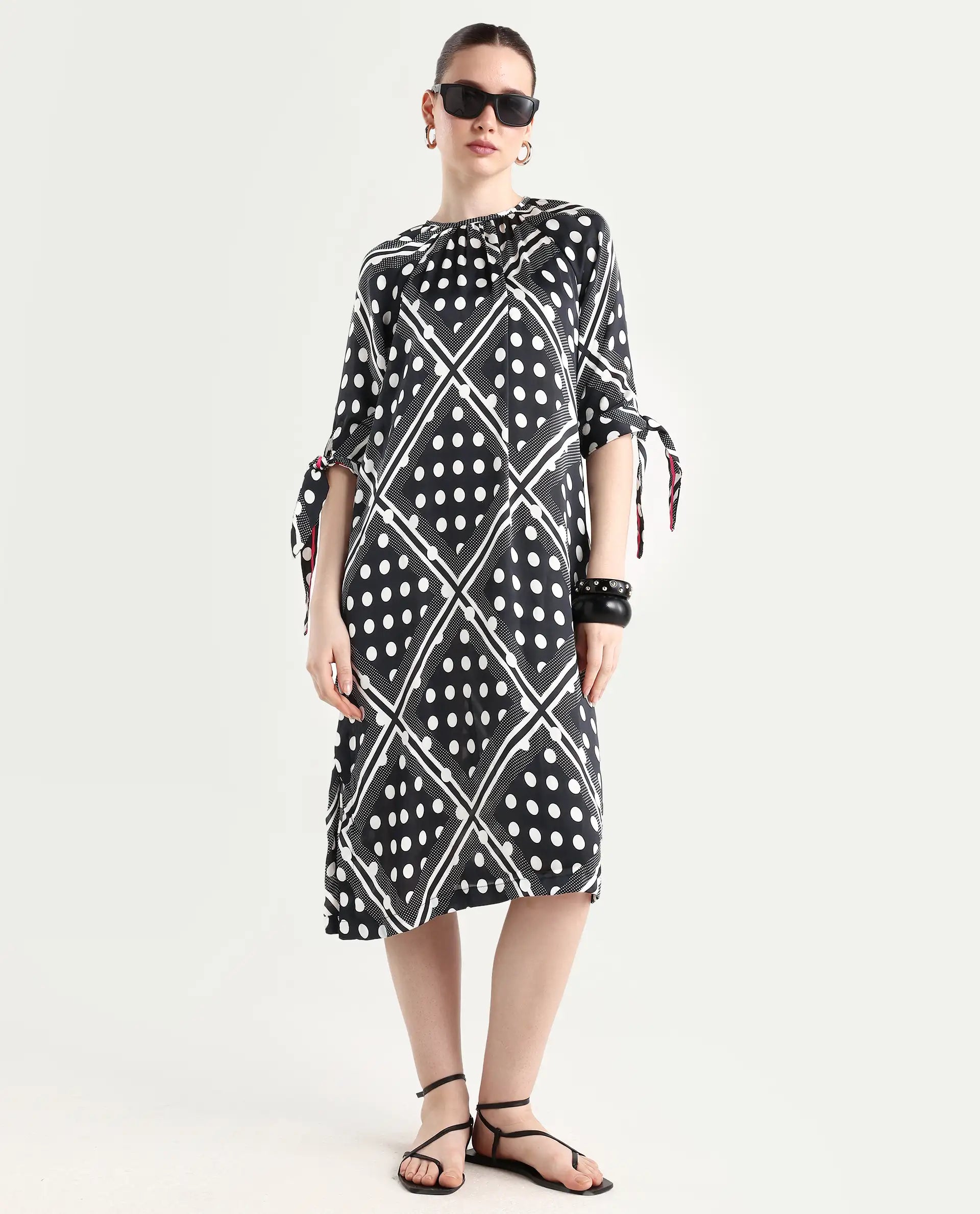 Rareism Women's Jeannie Black Polyester Boat Neck Polka Print Knee Length Regular Fit Dress