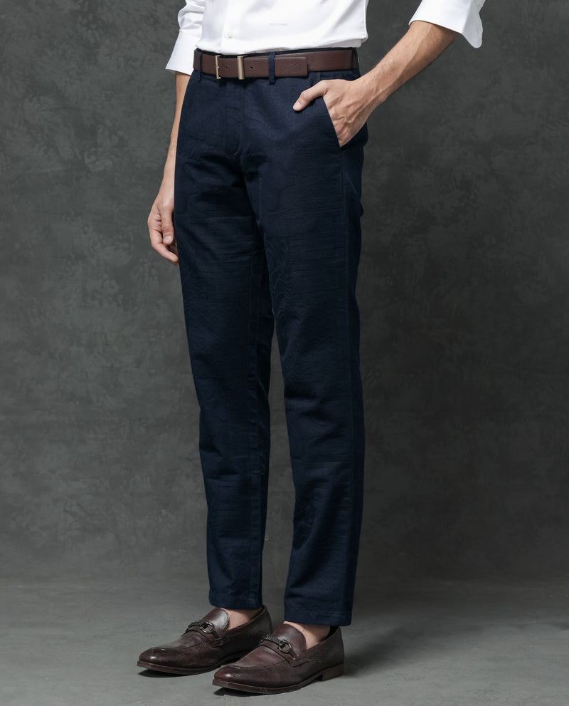 Rare Rabbit Mens Jeck-1 Navy Cotton Regular Fit Jacquard Texture Trouser