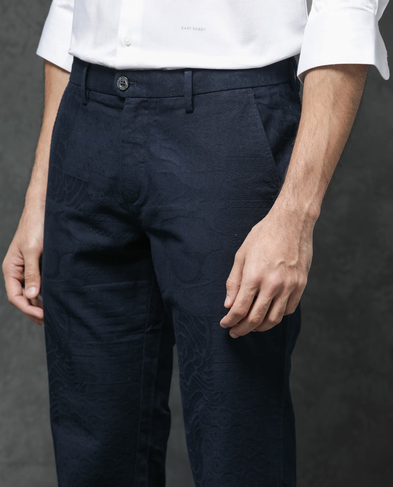 Rare Rabbit Mens Jeck-1 Navy Cotton Regular Fit Jacquard Texture Trouser