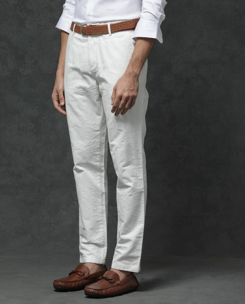 Rare Rabbit Mens Jeck-1 White Cotton Regular Fit Jacquard Texture Trouser