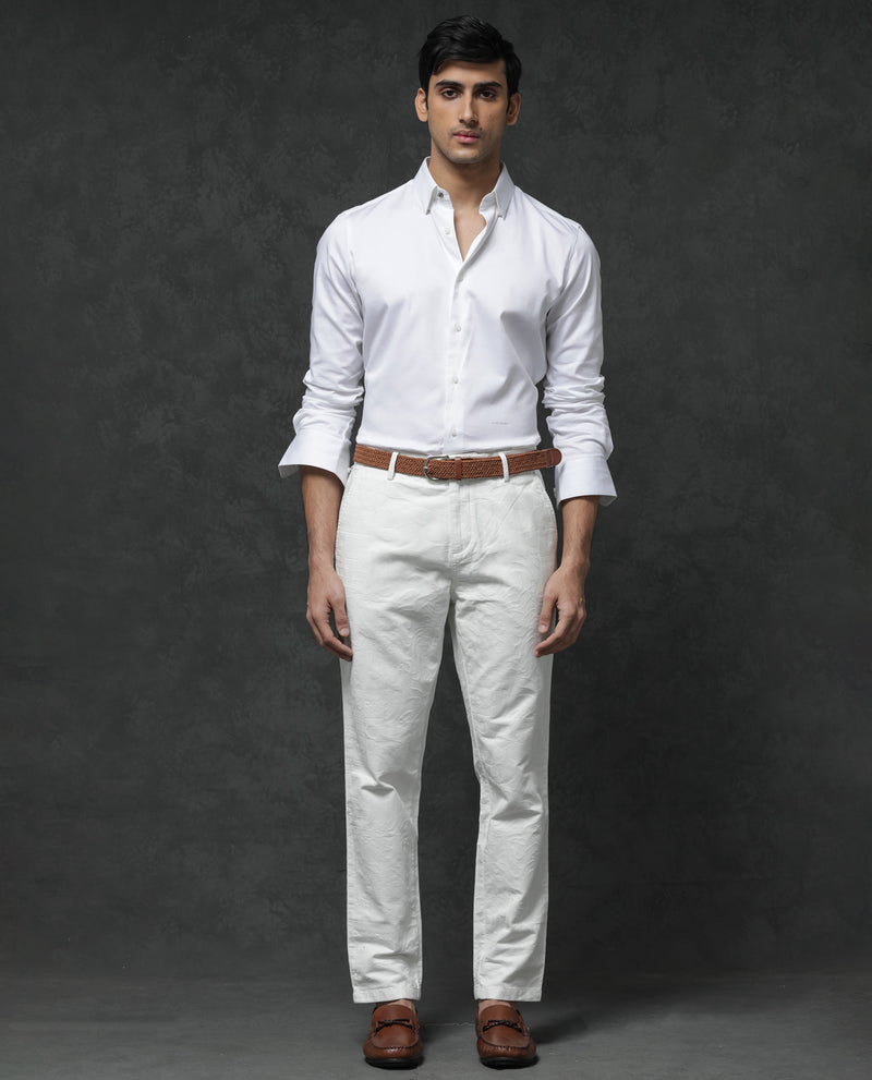Rare Rabbit Mens Jeck-1 White Cotton Regular Fit Jacquard Texture Trouser