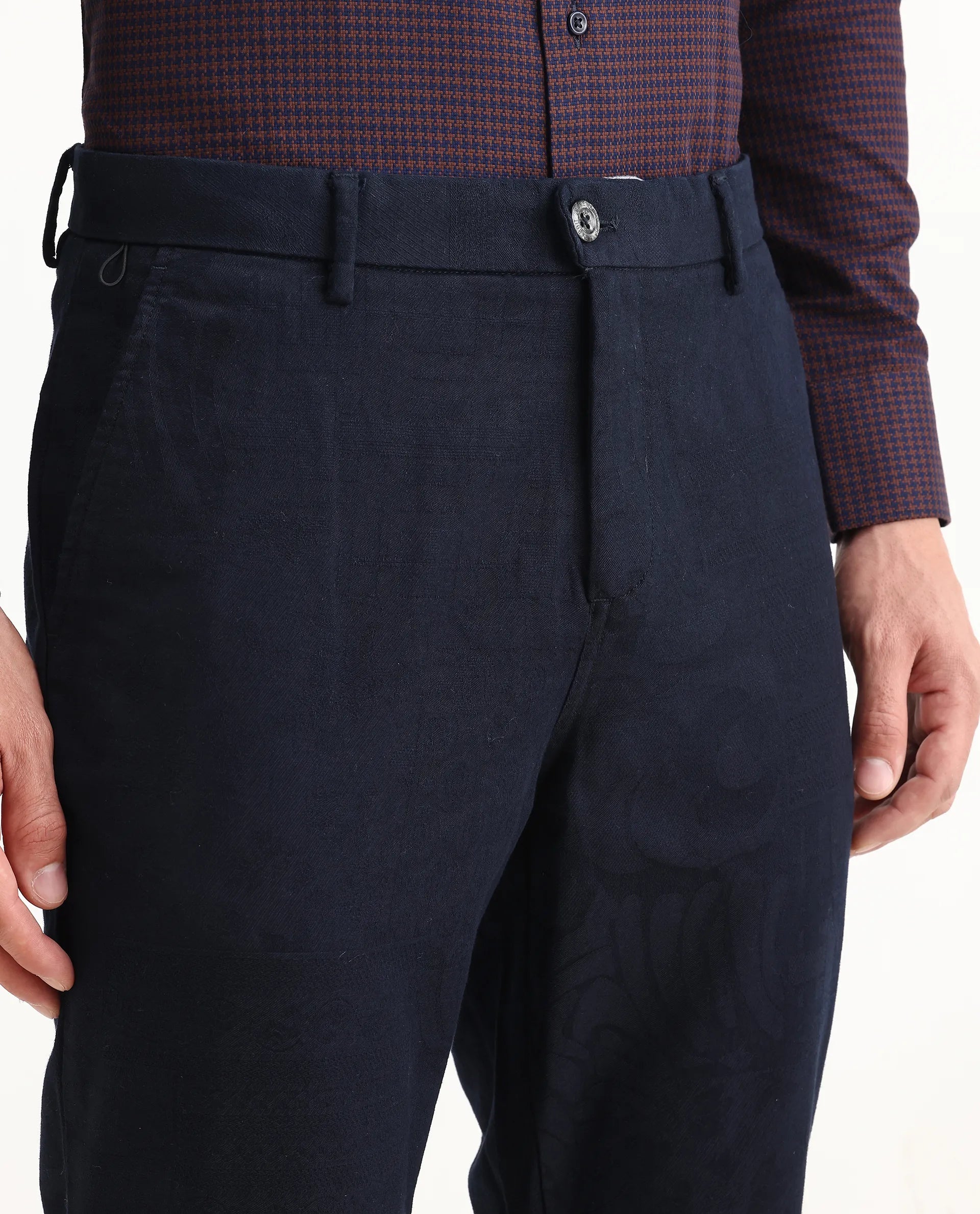 Rare Rabbit Men's Jeck-1 Navy Cotton Jacquard Regular Fit Trouser