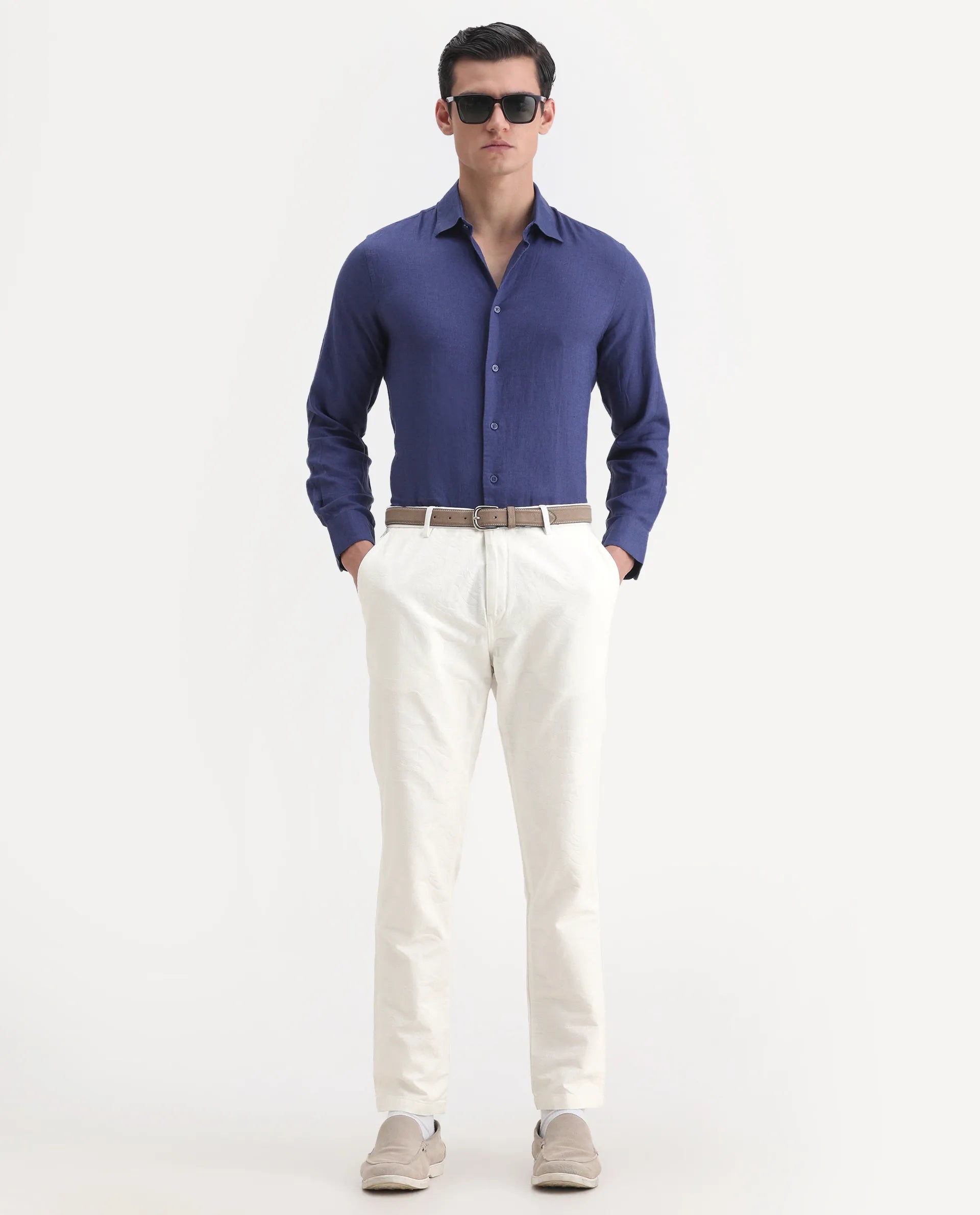 Rare Rabbit Men's Jeck-1 White Cotton Jacquard Regular Fit Trouser