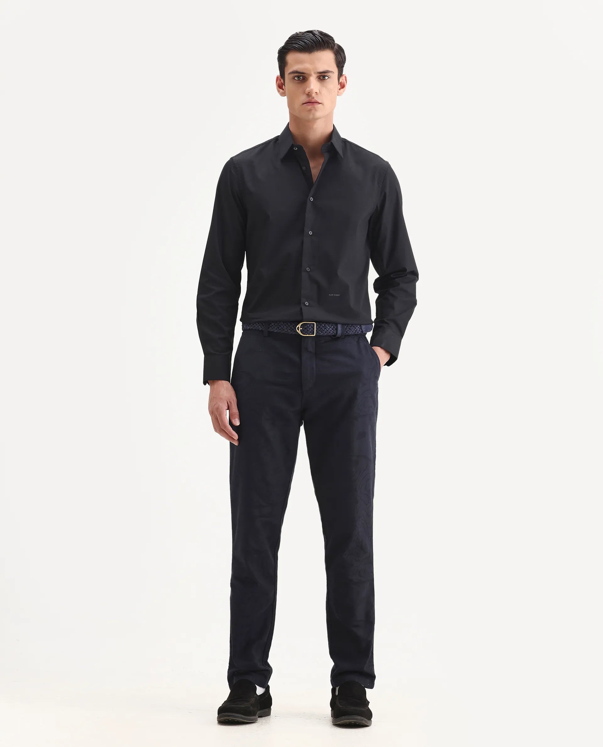 Rare Rabbit Men's Jeck-24 Navy Cotton Jacquard Regular Fit Trouser