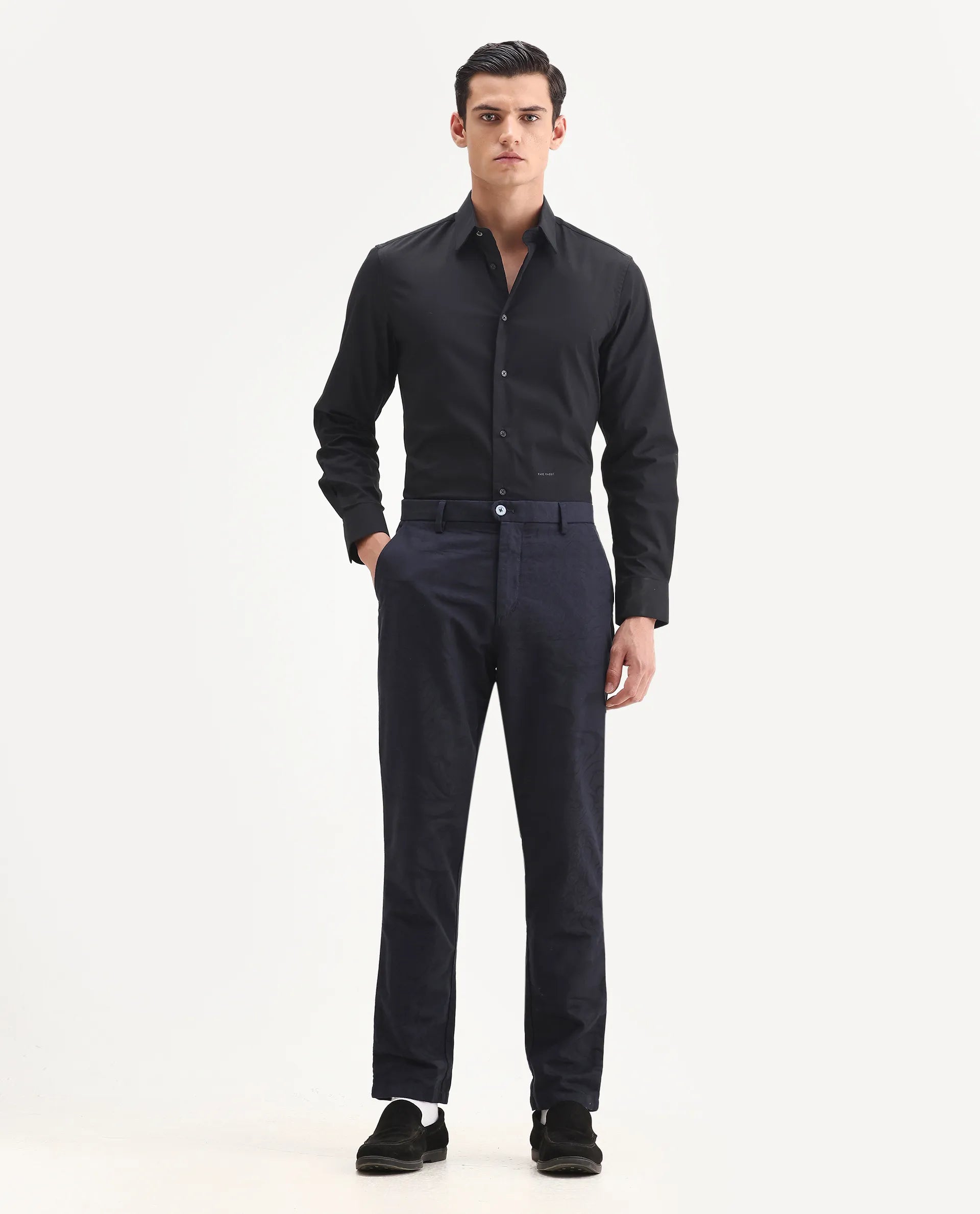 Rare Rabbit Men's Jeck-24 Navy Cotton Jacquard Regular Fit Trouser