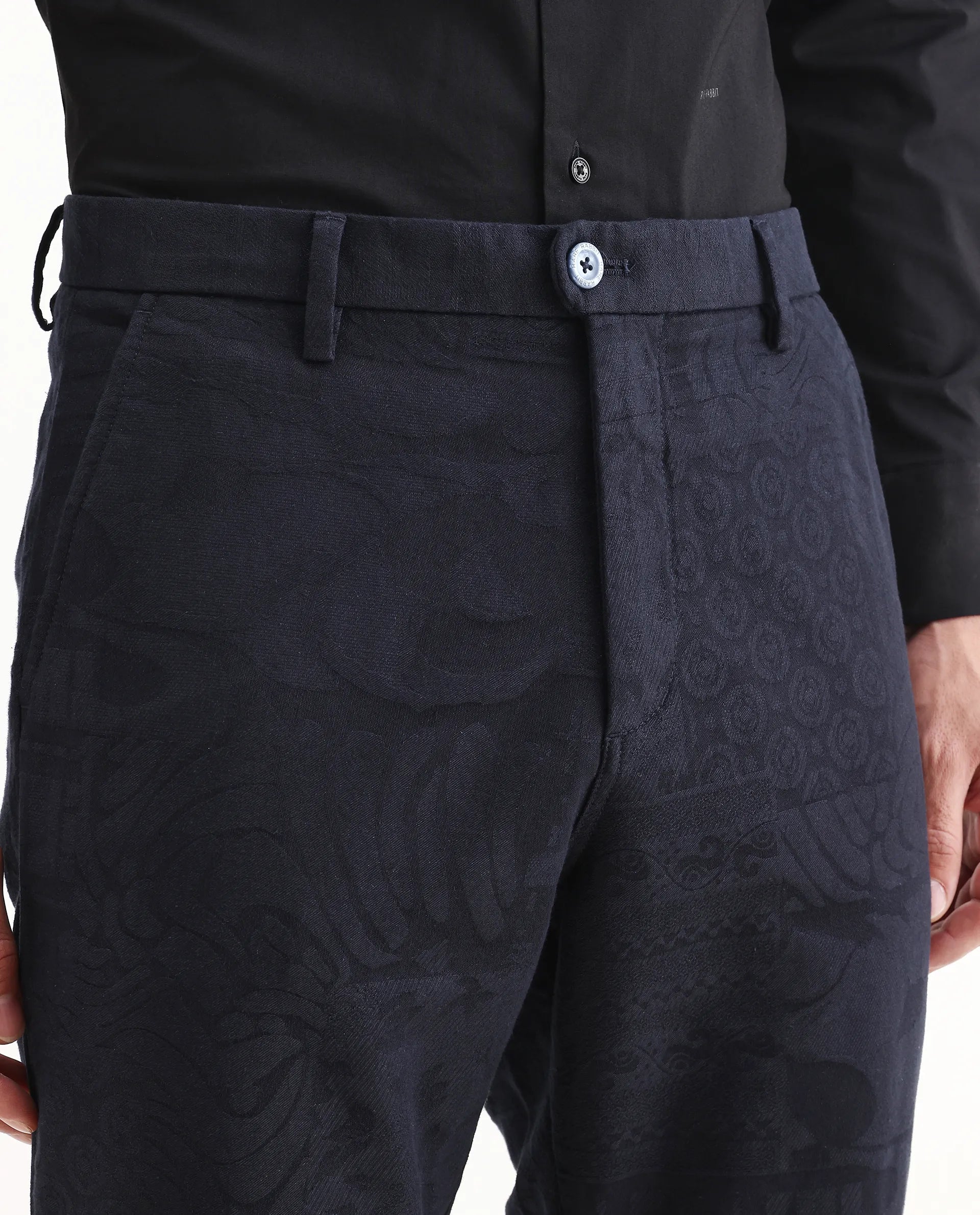 Rare Rabbit Men's Jeck-24 Navy Cotton Jacquard Regular Fit Trouser