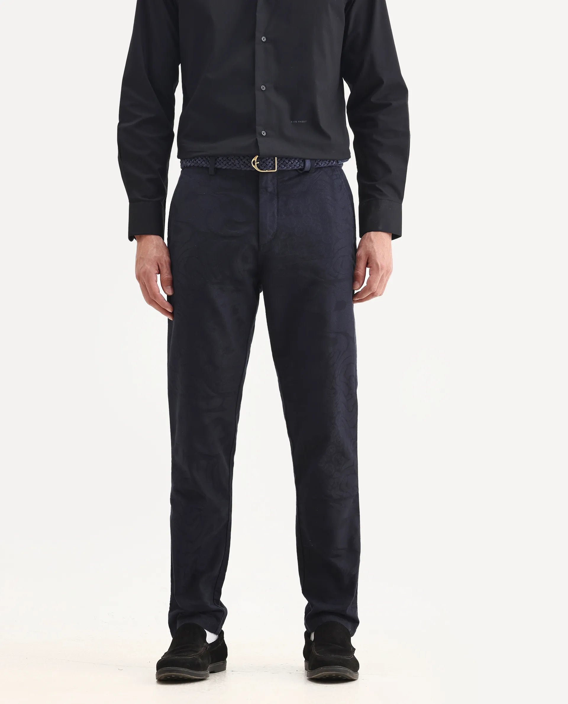 Rare Rabbit Men's Jeck-24 Navy Cotton Jacquard Regular Fit Trouser