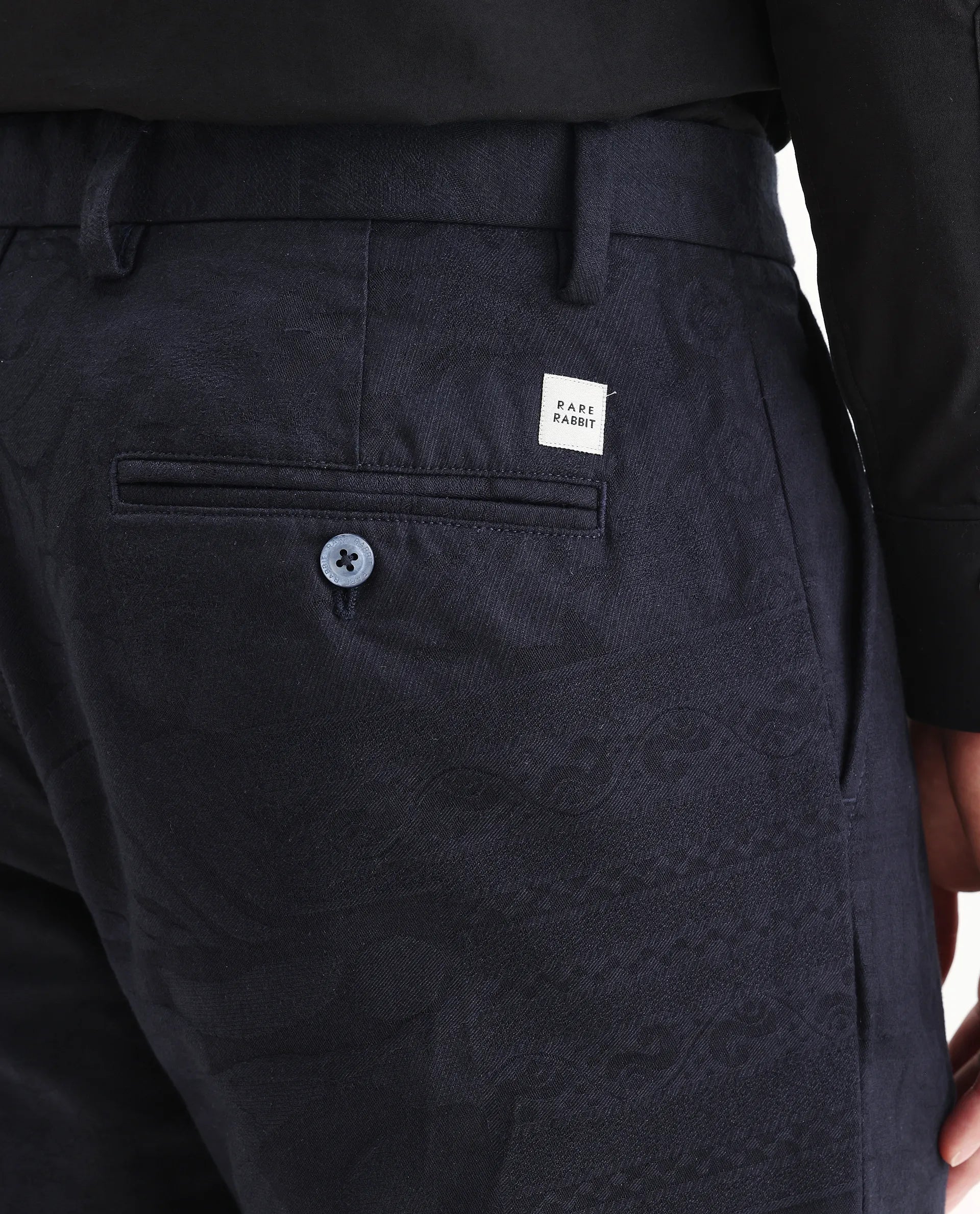 Rare Rabbit Men's Jeck-24 Navy Cotton Jacquard Regular Fit Trouser