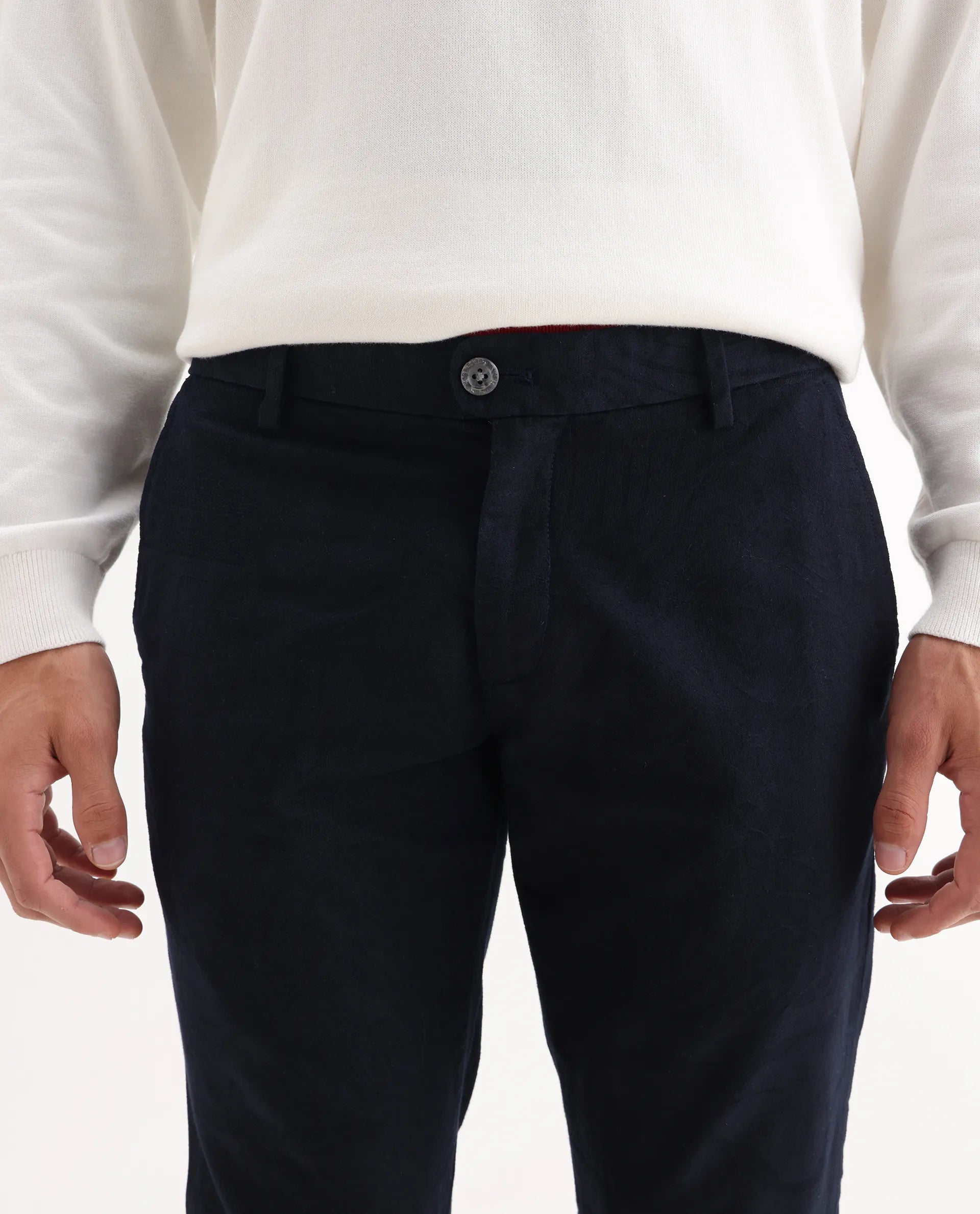 Rare Rabbit Men's Jeck-2 Navy Cotton Jacquard Regular Fit Trouser