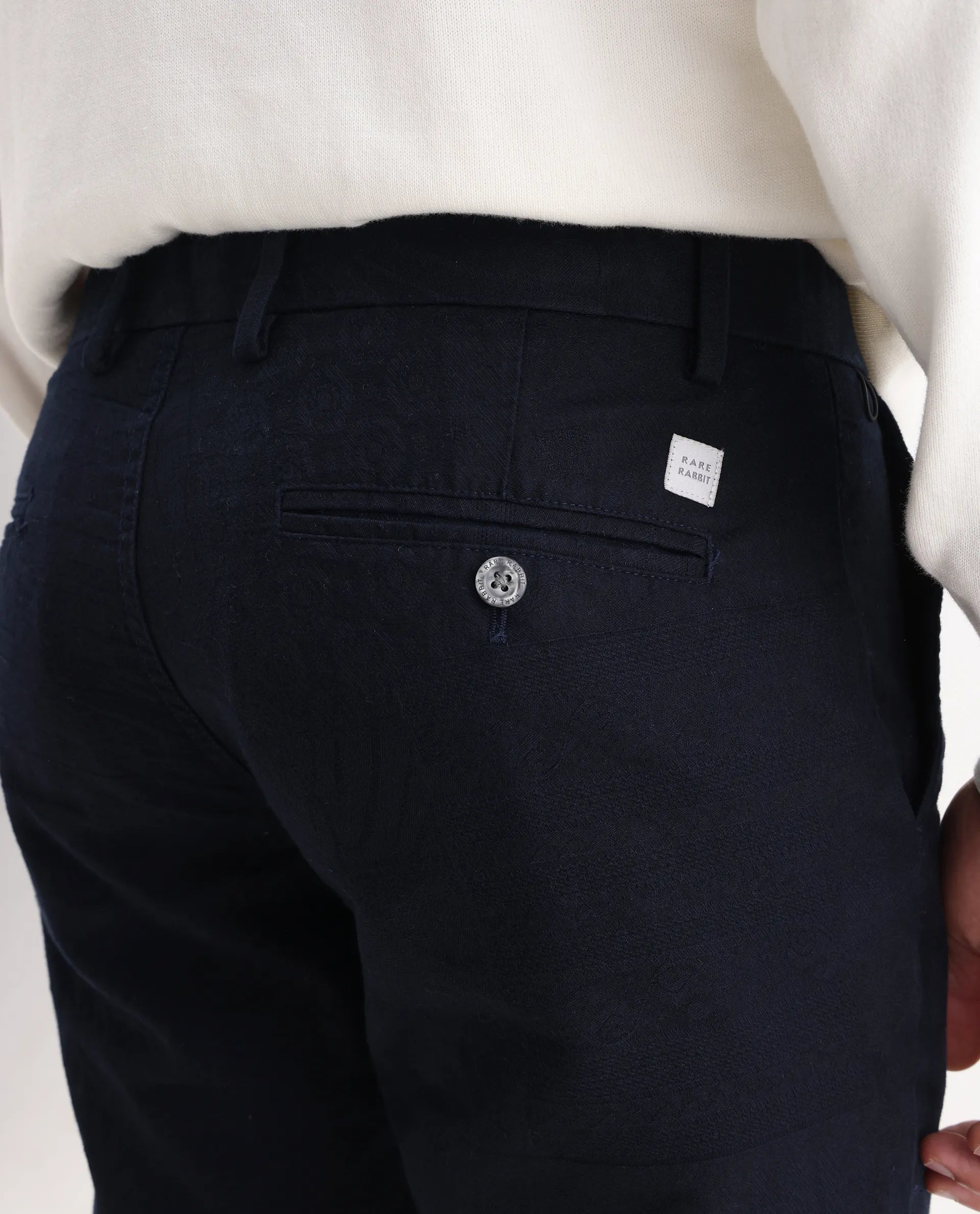 Rare Rabbit Men's Jeck-2 Navy Cotton Jacquard Regular Fit Trouser