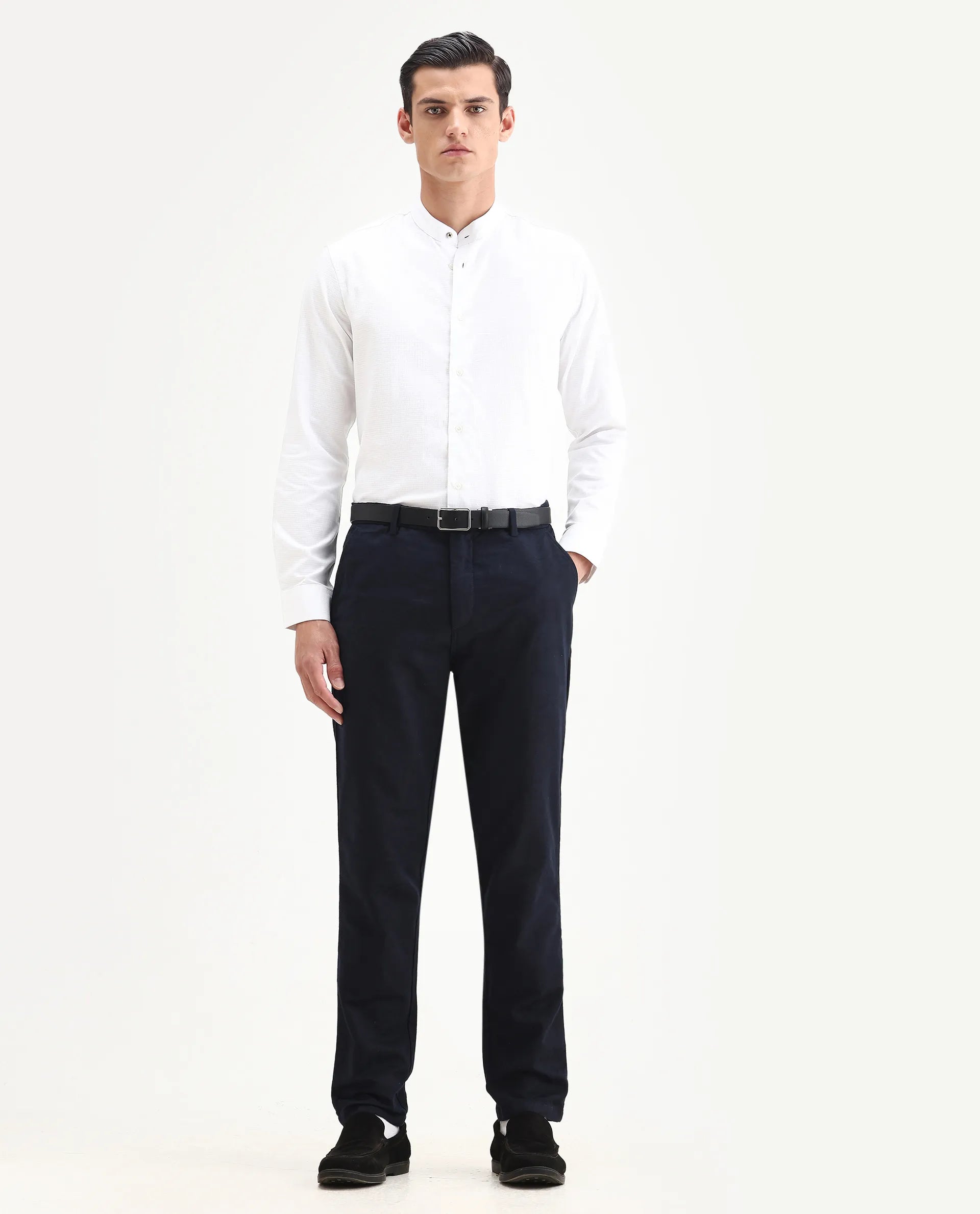Rare Rabbit Men's Jeck-24 Navy Cotton Jacquard Regular Fit Trouser