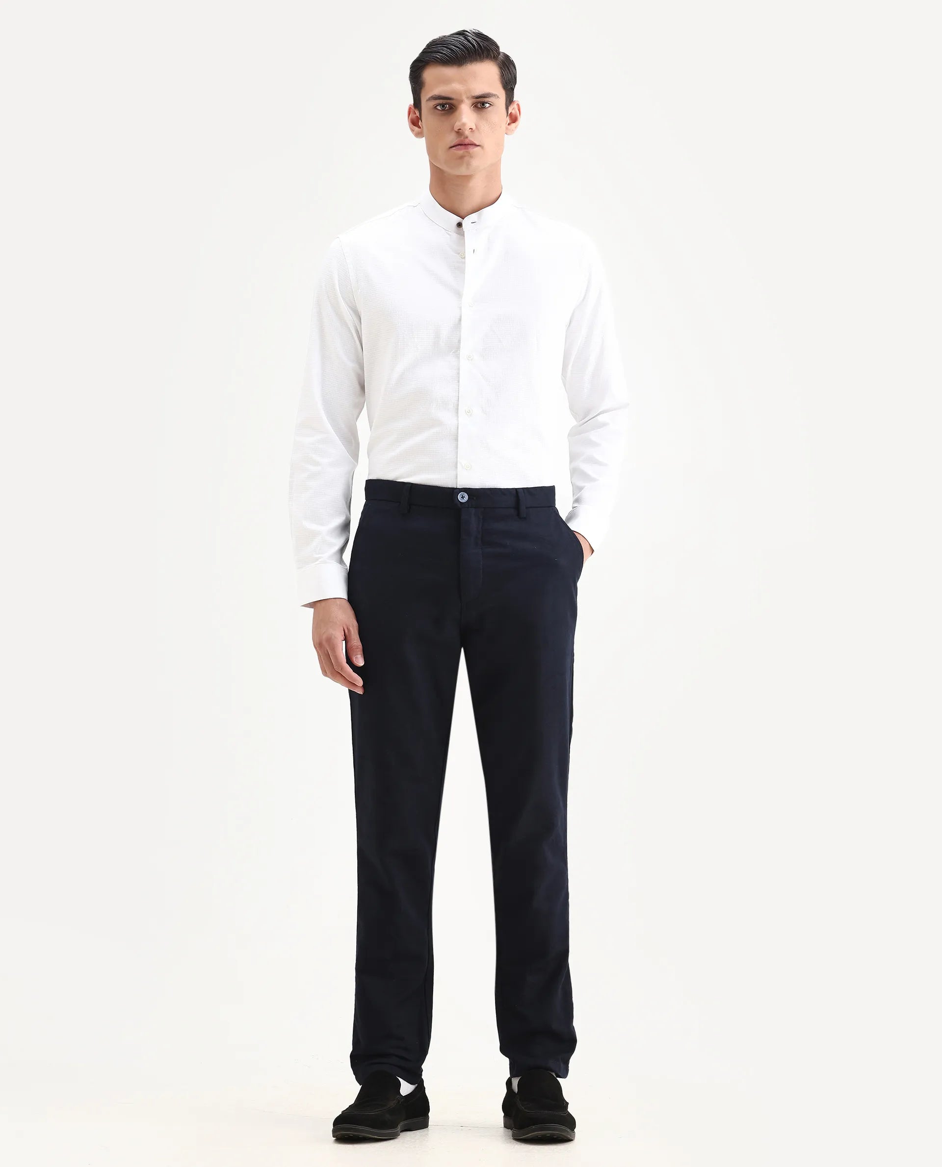 Rare Rabbit Men's Jeck-24 Navy Cotton Jacquard Regular Fit Trouser