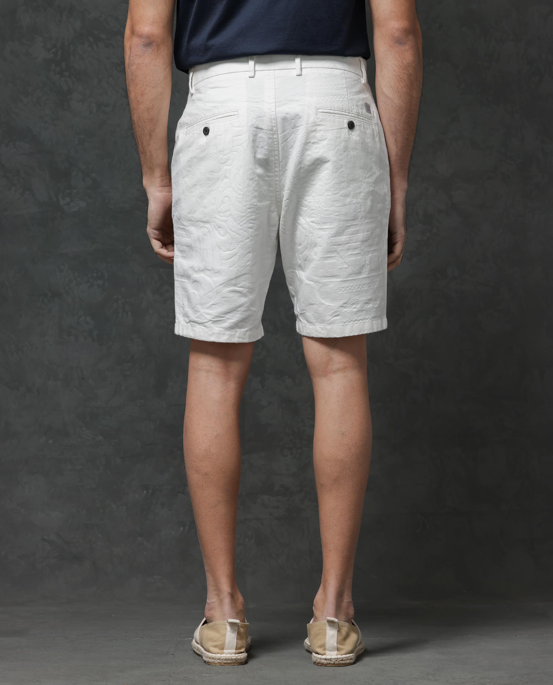 Rare Rabbit Mens Jecky Off White Jacquard Textured Regular Fit Shorts