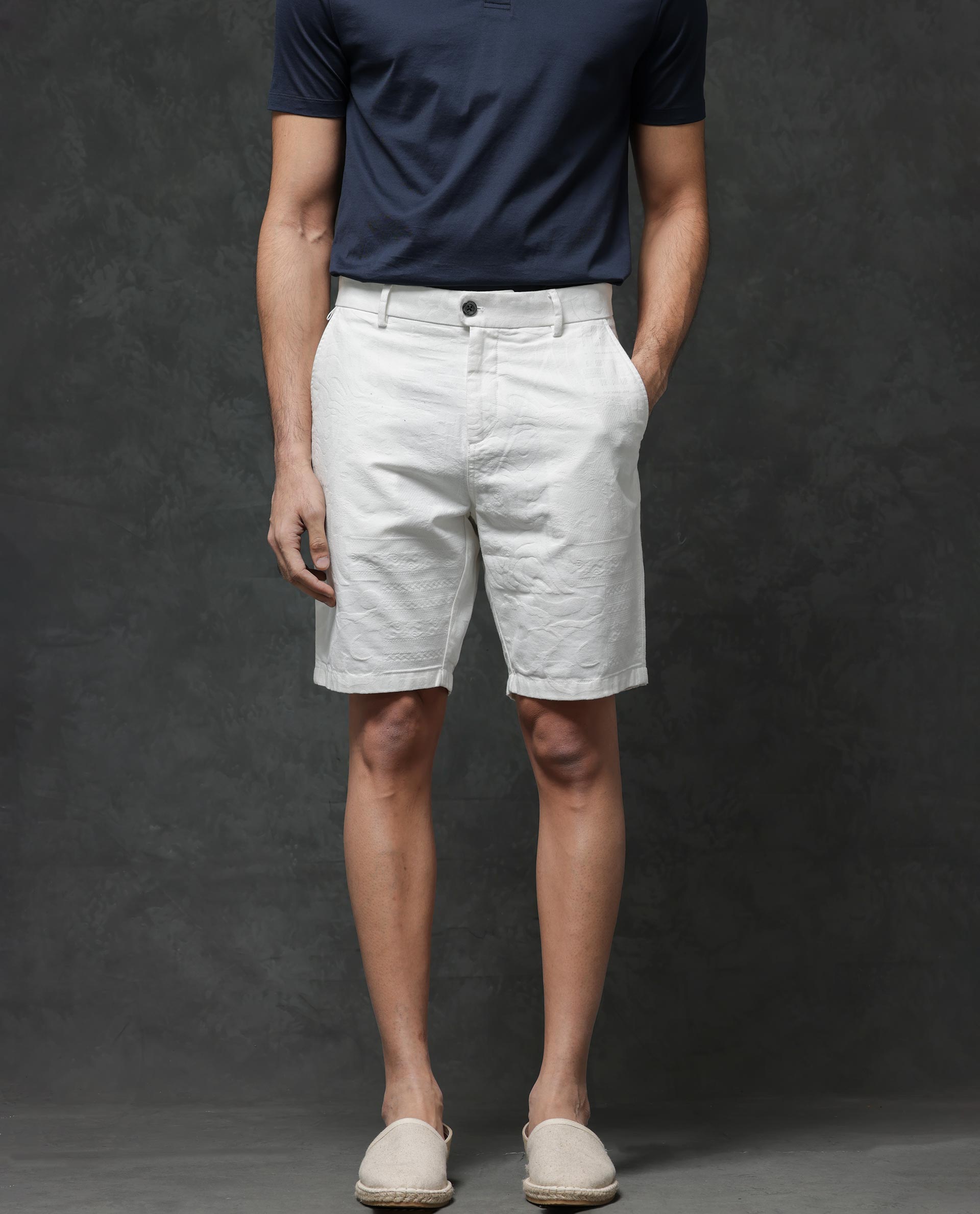 Rare Rabbit Mens Jecky Off White Jacquard Textured Regular Fit Shorts