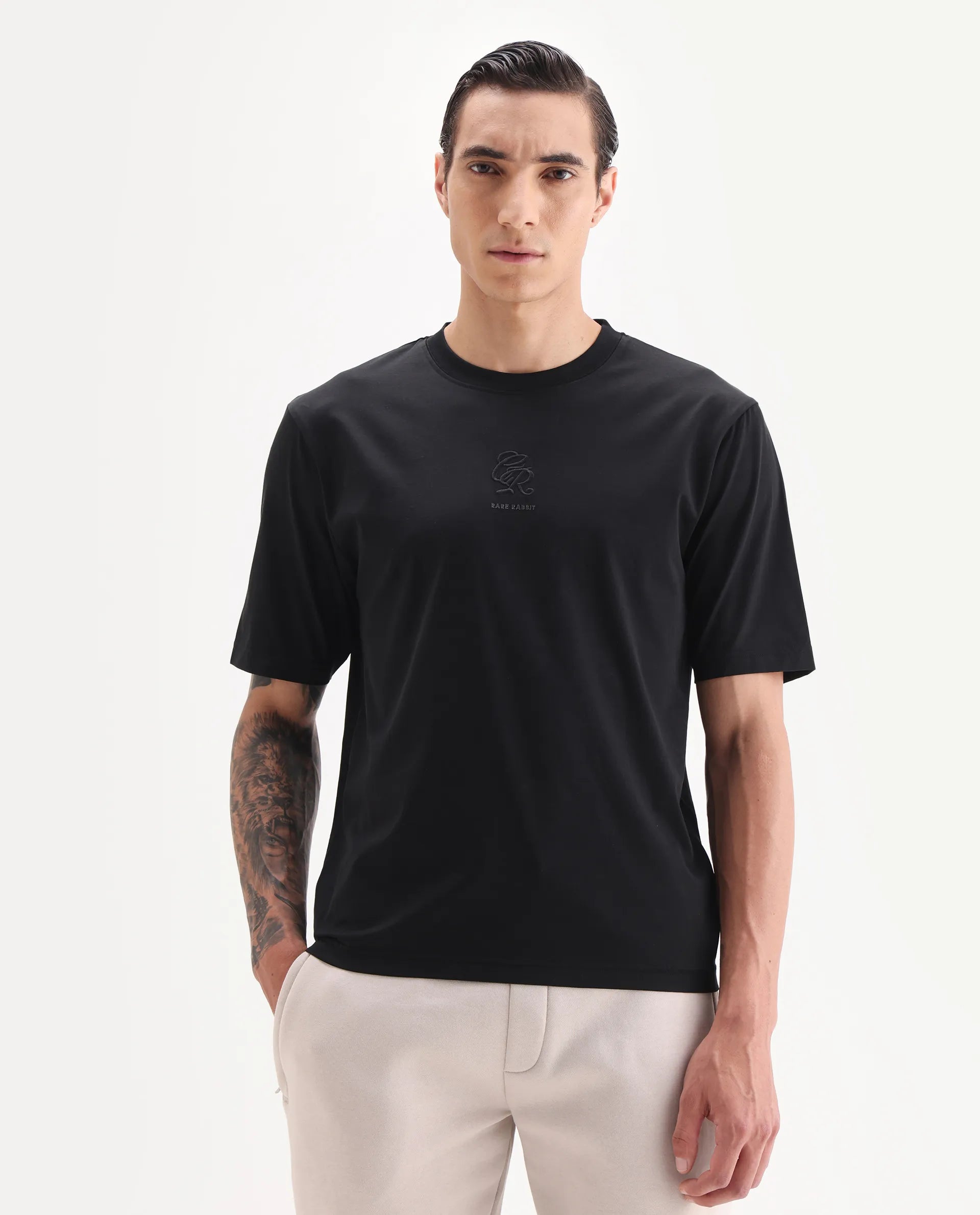Rare Rabbit Men's Ject Black Cotton Fabric Half Sleeve Crew Neck Regular Fit Graphic Print T-Shirt