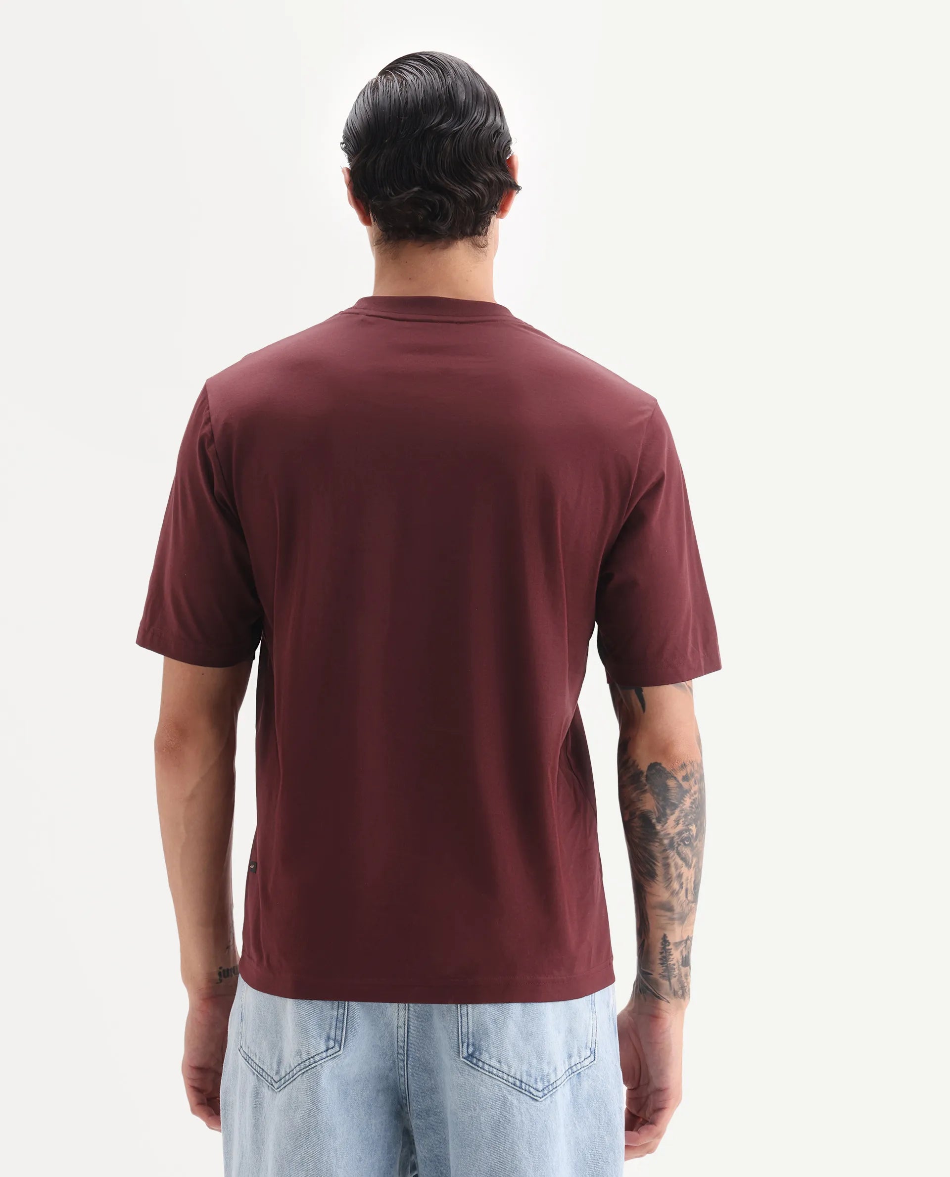 Rare Rabbit Men's Ject Maroon Cotton Fabric Half Sleeve Crew Neck Regular Fit Graphic Print T-Shirt