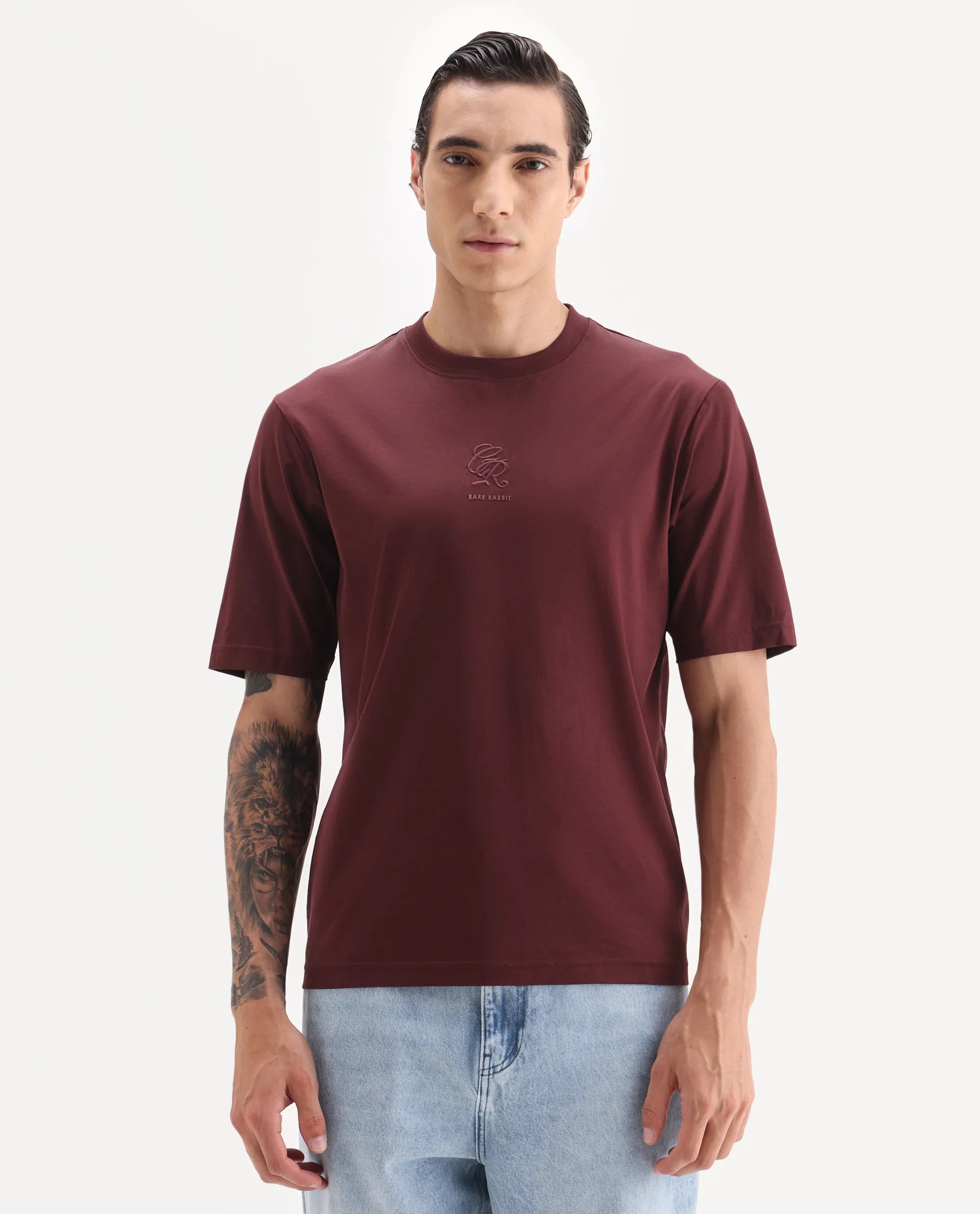 Rare Rabbit Men's Ject Maroon Cotton Fabric Half Sleeve Crew Neck Regular Fit Graphic Print T-Shirt