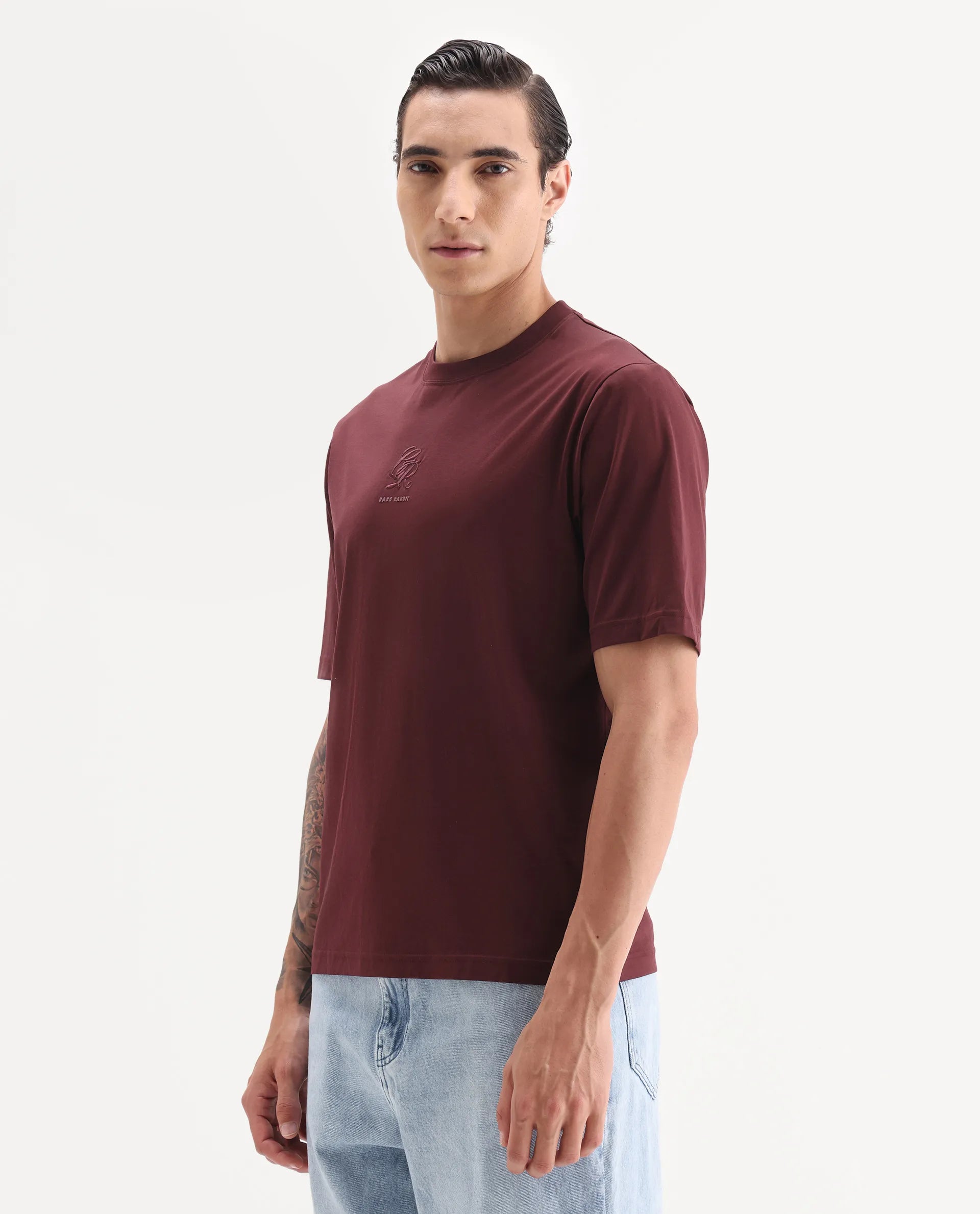 Rare Rabbit Men's Ject Maroon Cotton Fabric Half Sleeve Crew Neck Regular Fit Graphic Print T-Shirt