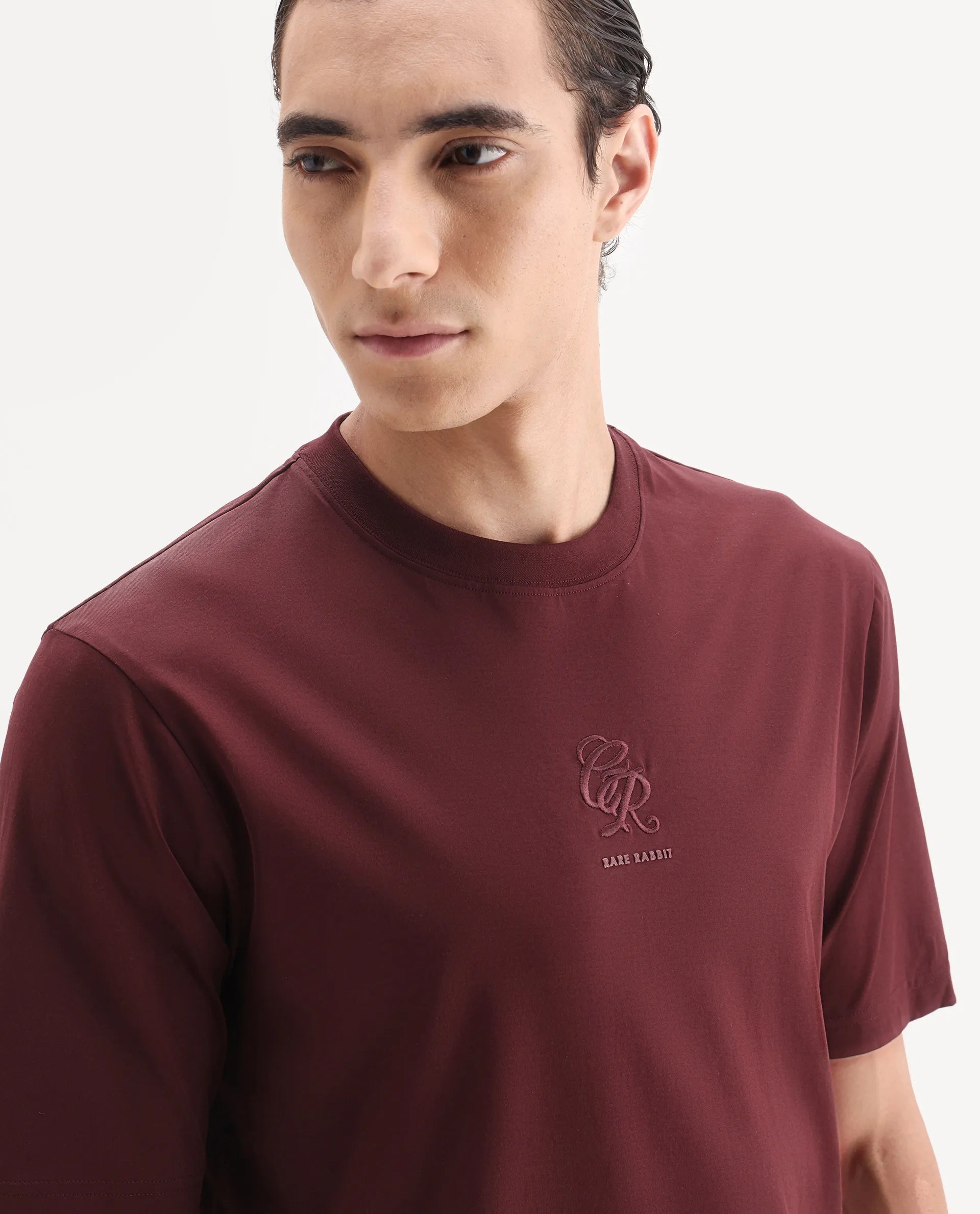 Rare Rabbit Men's Ject Maroon Cotton Fabric Half Sleeve Crew Neck Regular Fit Graphic Print T-Shirt