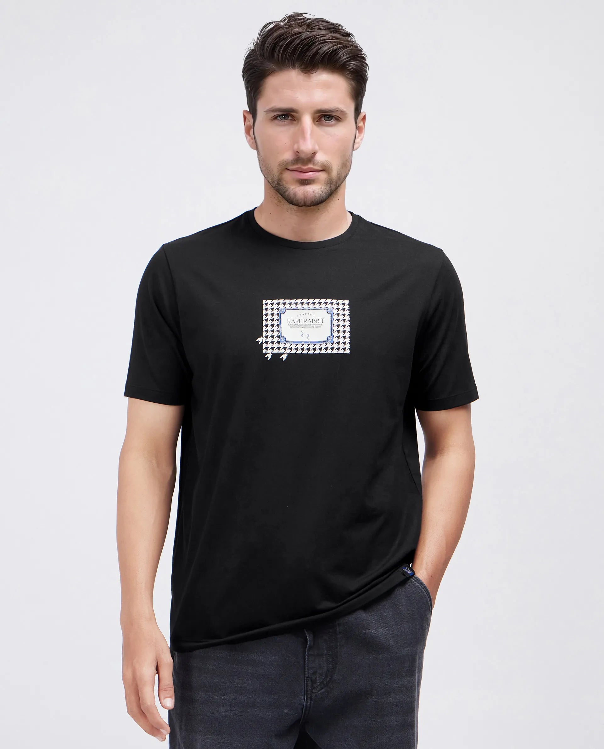 Rare Rabbit Men Jed Black Cotton Lycra Fabric Short Sleeve Crew Neck Slip-On Graphic Print T-Shirt