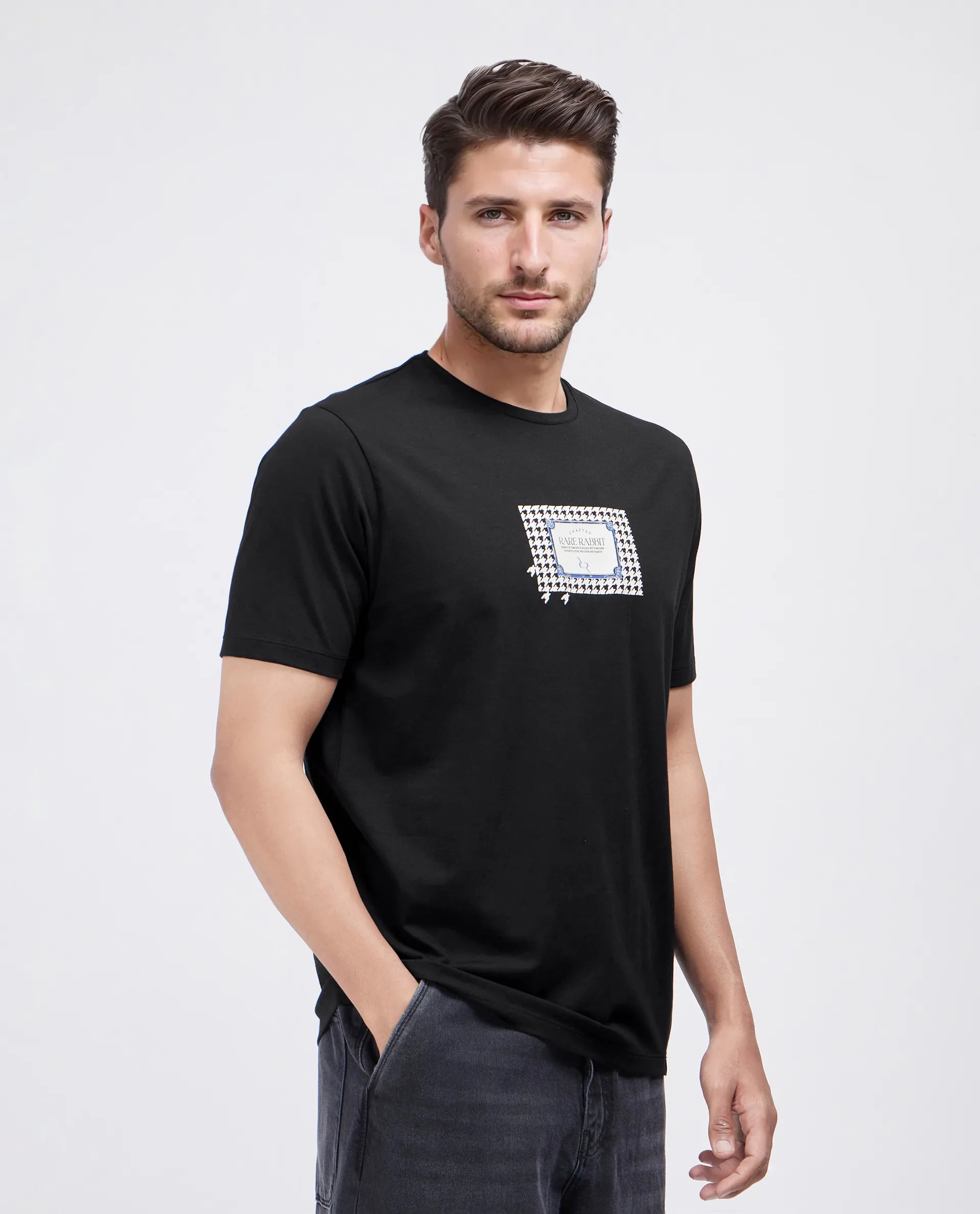 Rare Rabbit Men Jed Black Cotton Lycra Fabric Short Sleeve Crew Neck Slip-On Graphic Print T-Shirt