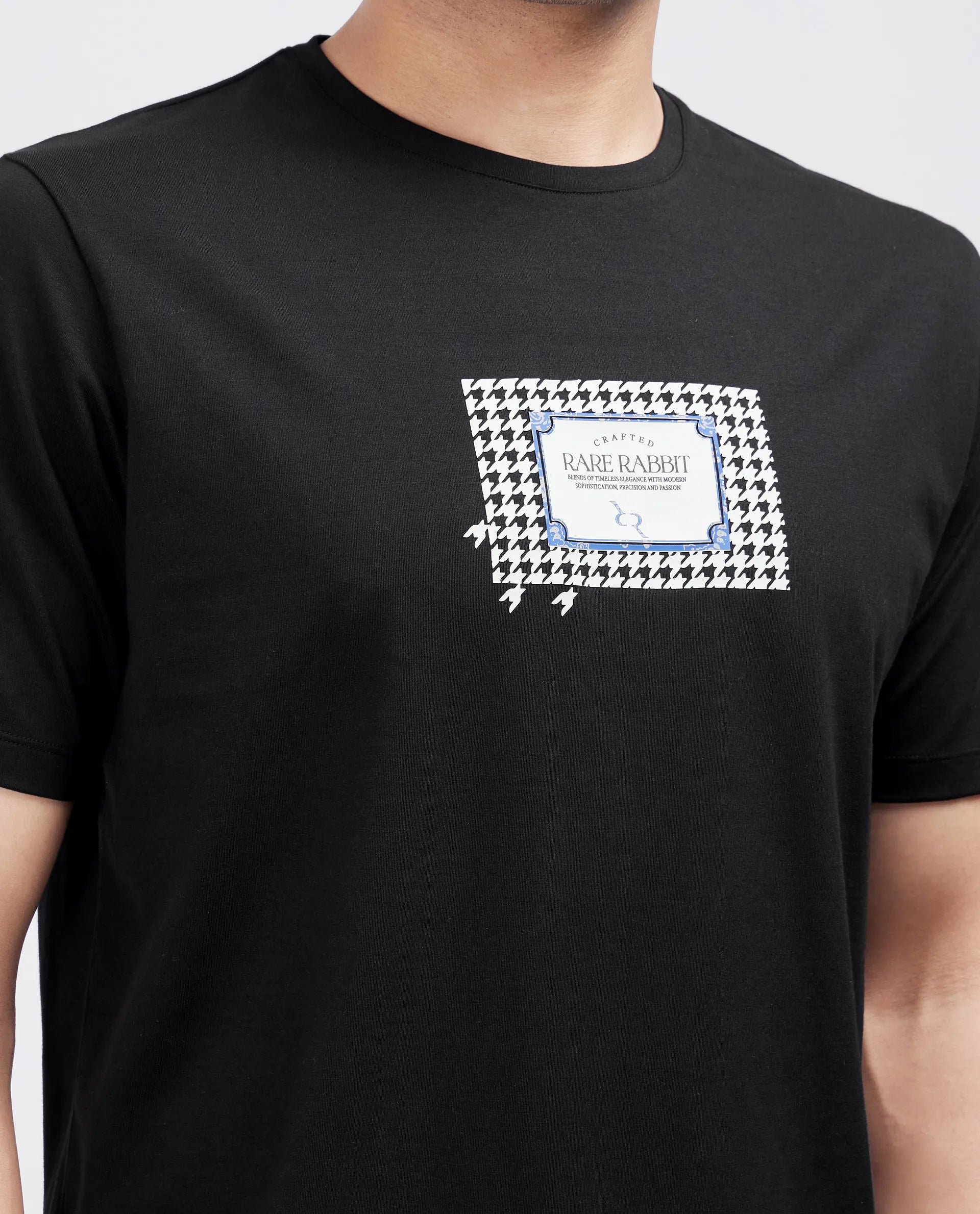 Rare Rabbit Men Jed Black Cotton Lycra Fabric Short Sleeve Crew Neck Slip-On Graphic Print T-Shirt