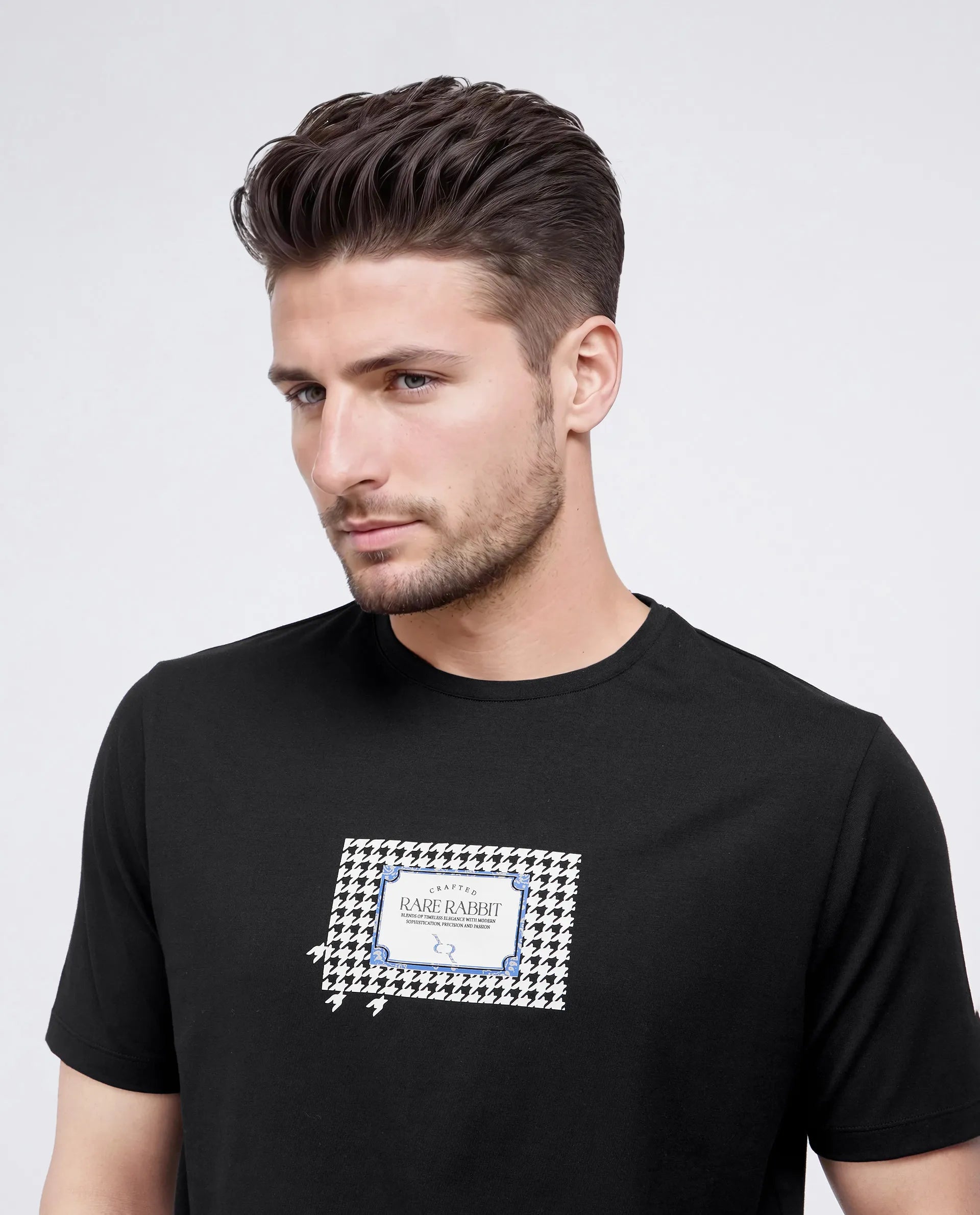 Rare Rabbit Men Jed Black Cotton Lycra Fabric Short Sleeve Crew Neck Slip-On Graphic Print T-Shirt